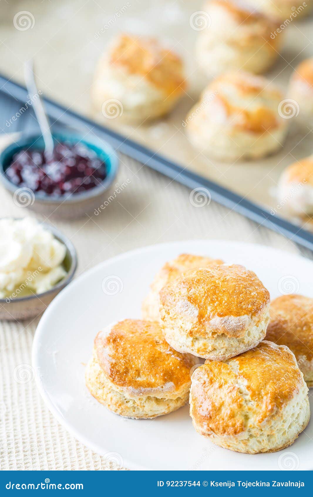 Traditional English Pastries, Scones with Strawberry Jam on the Rustic