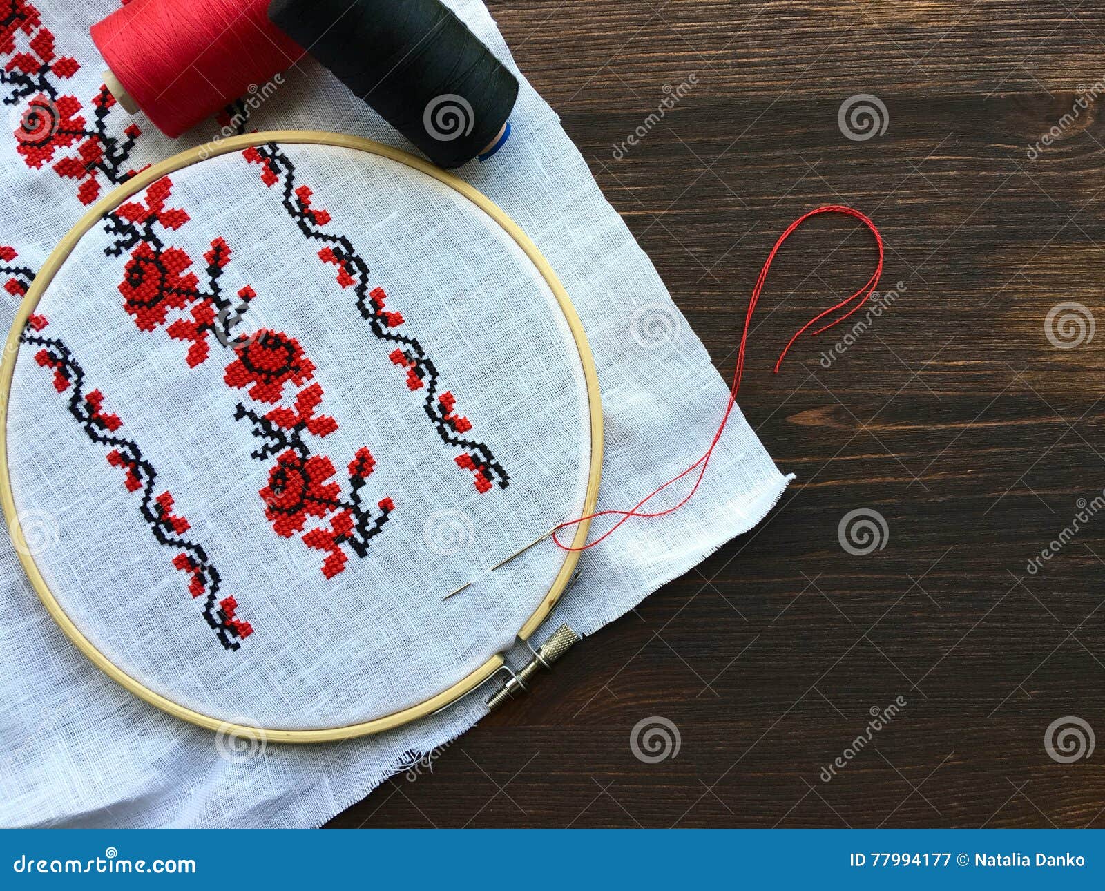 Traditional Folk Cross-stitch Flower Ornament, Fabric in the Hoop