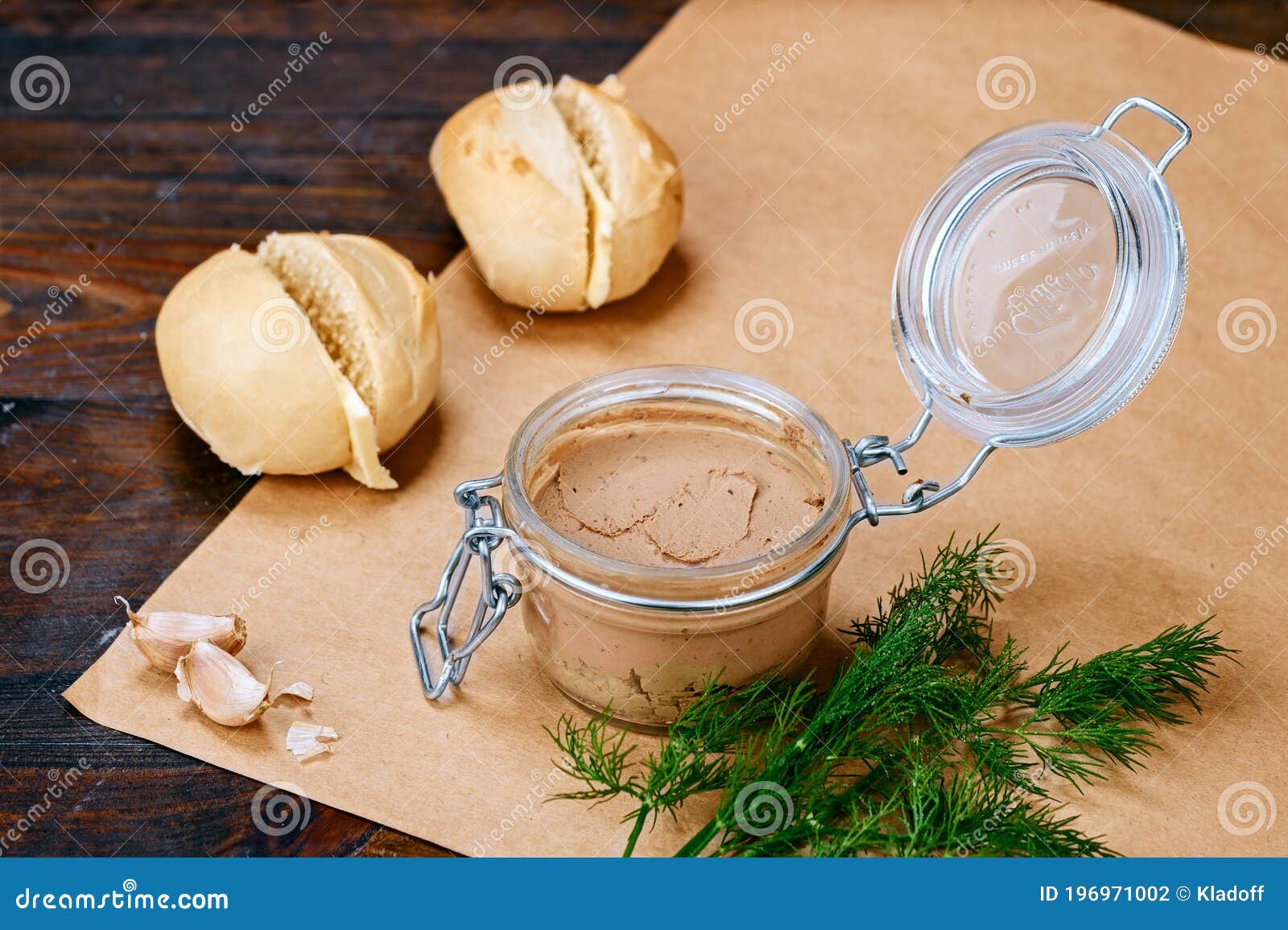 Traditional French Dish Goose Liver Foie Gras with White Bread, Butter,  Garlic and Dill in Glass Jar Stock Photo - Image of gastronomy, farming:  196971002