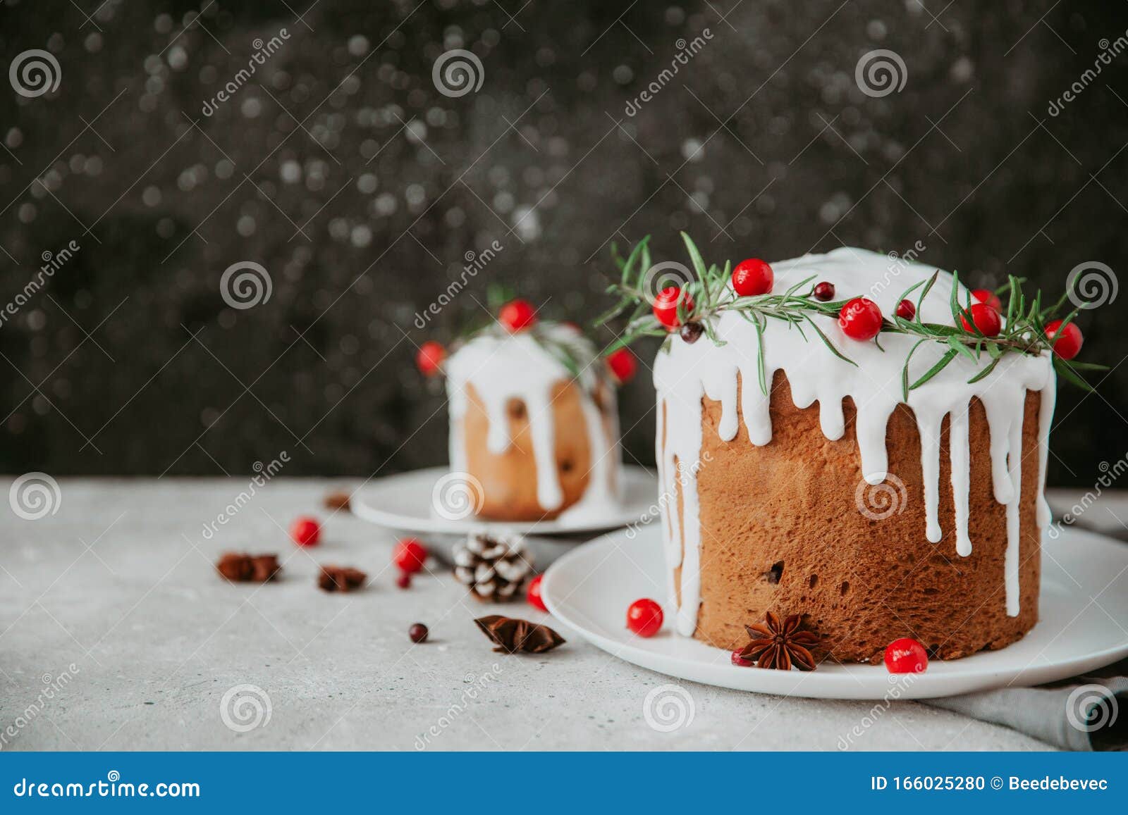 traditional fruitcake for christmas decorated with powdered sugar