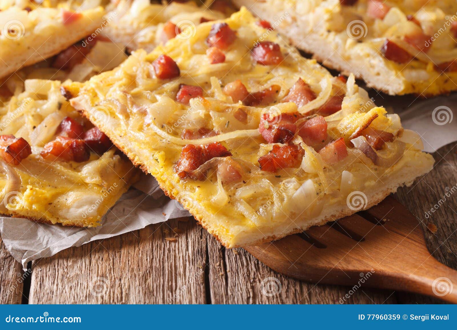 Traditional German Pie with Onion, Bacon Closeup. Horizontal Stock
