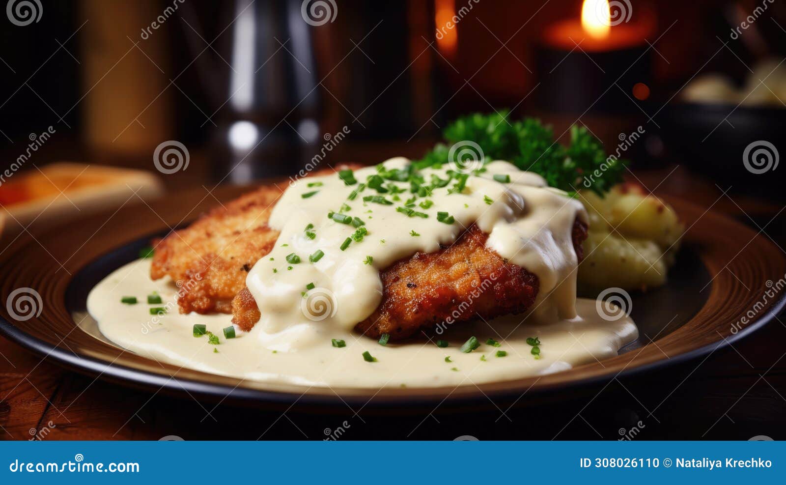 Traditional German Pork Schnitzel with Cream Sauce Stock Photo Image