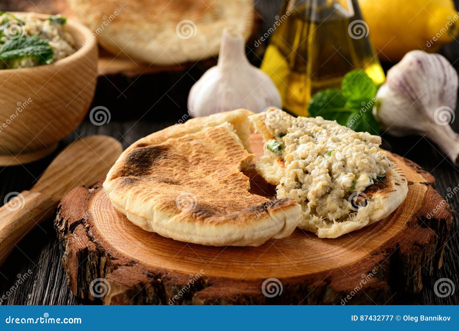 Traditional Greek Eggplant Spread Dip with Pita Bread. Stock Image