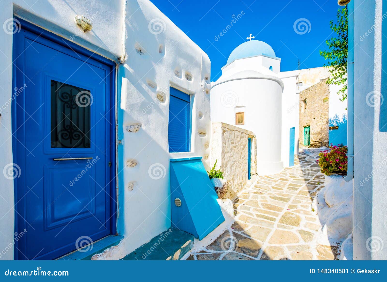 traditional greek street in lefkes, greece