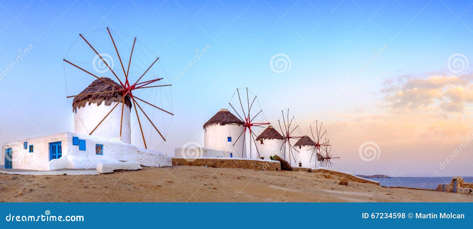 traditional greek windmills on mykonos island, cyclades, greece