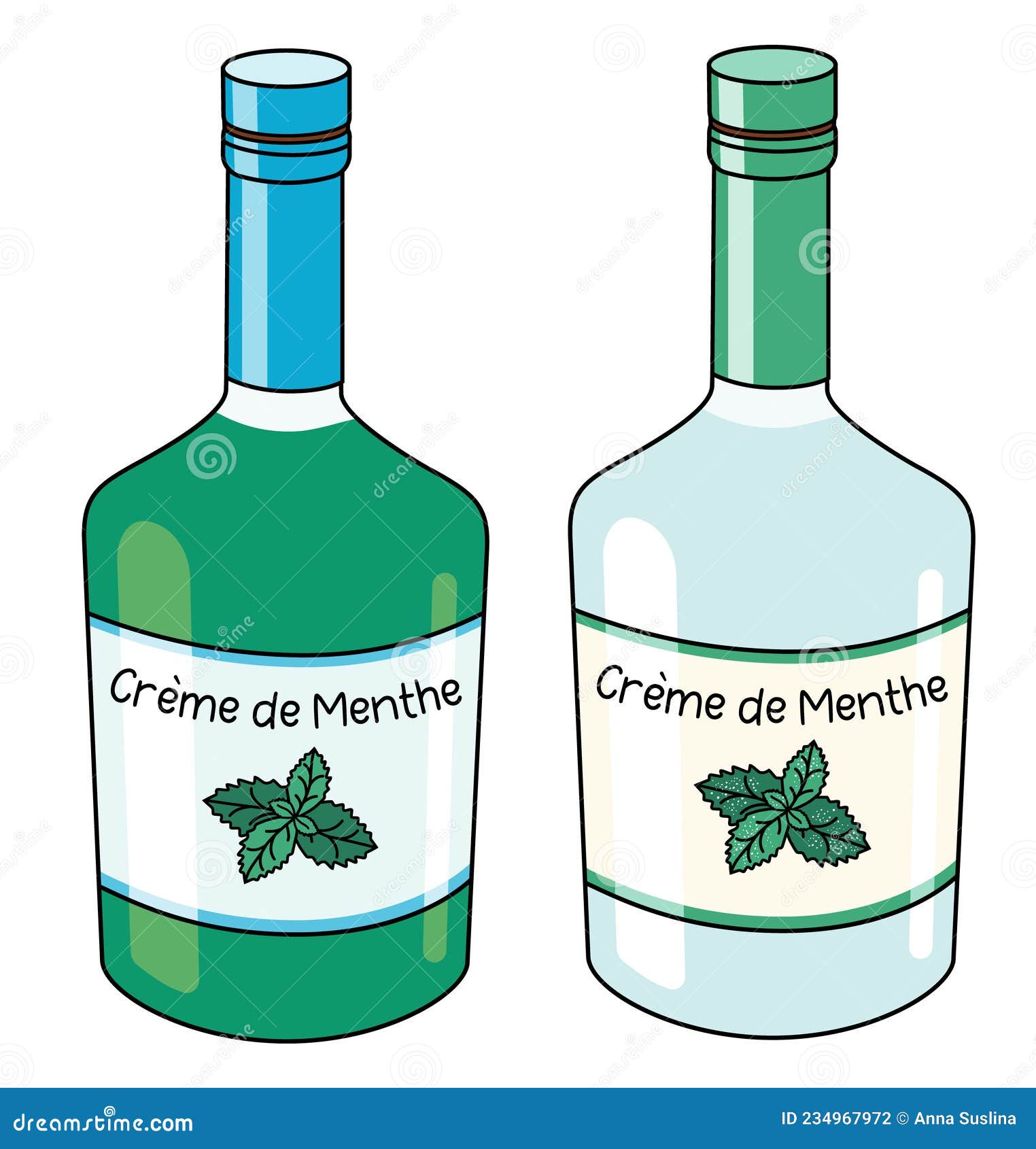traditional green and white sweet french creme de mente mint liqueurs in a bottle. doodle cartoon hipster style 