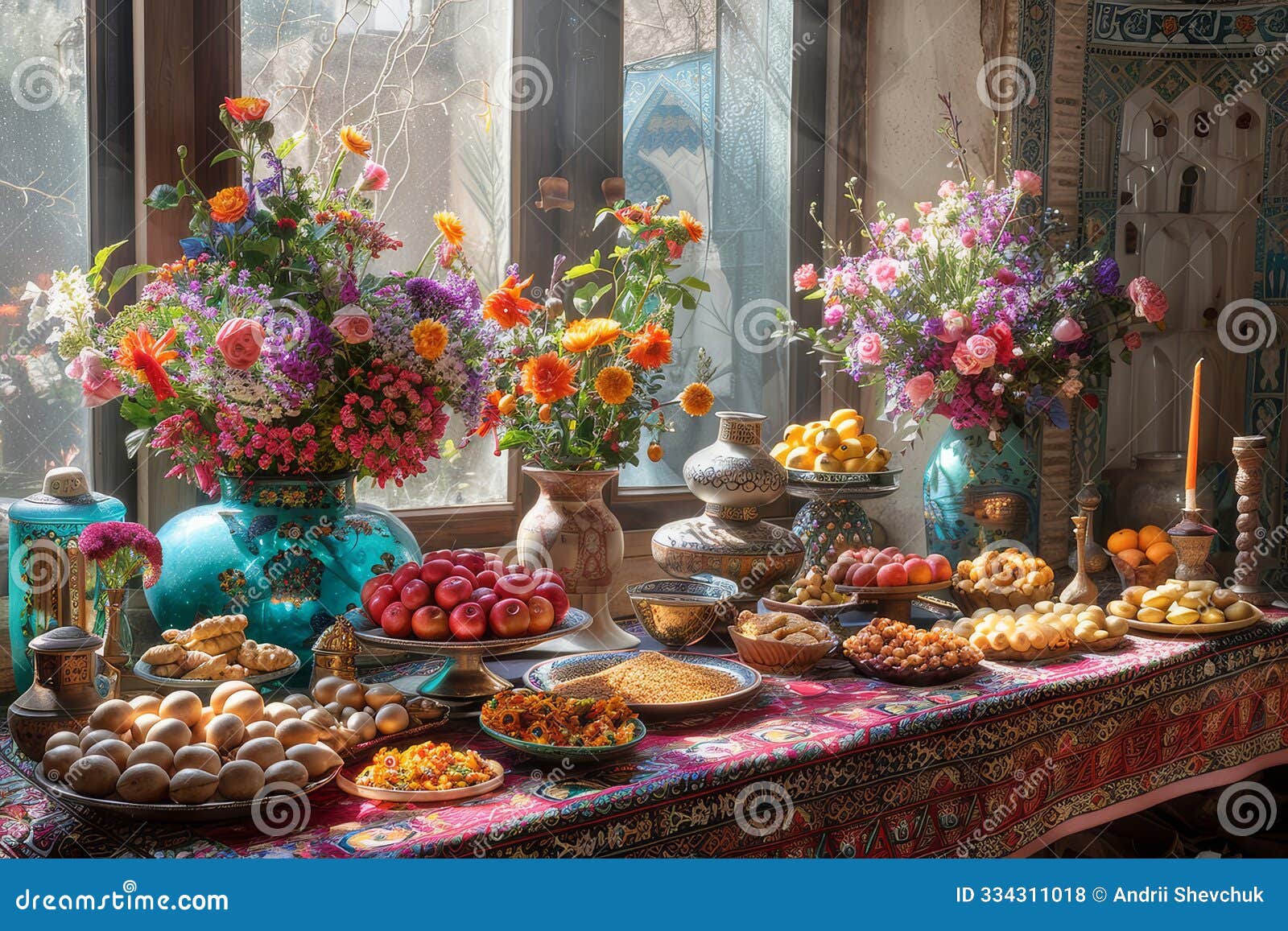 traditional haft-seen table display with colorful flowers and food for nowruz celebration