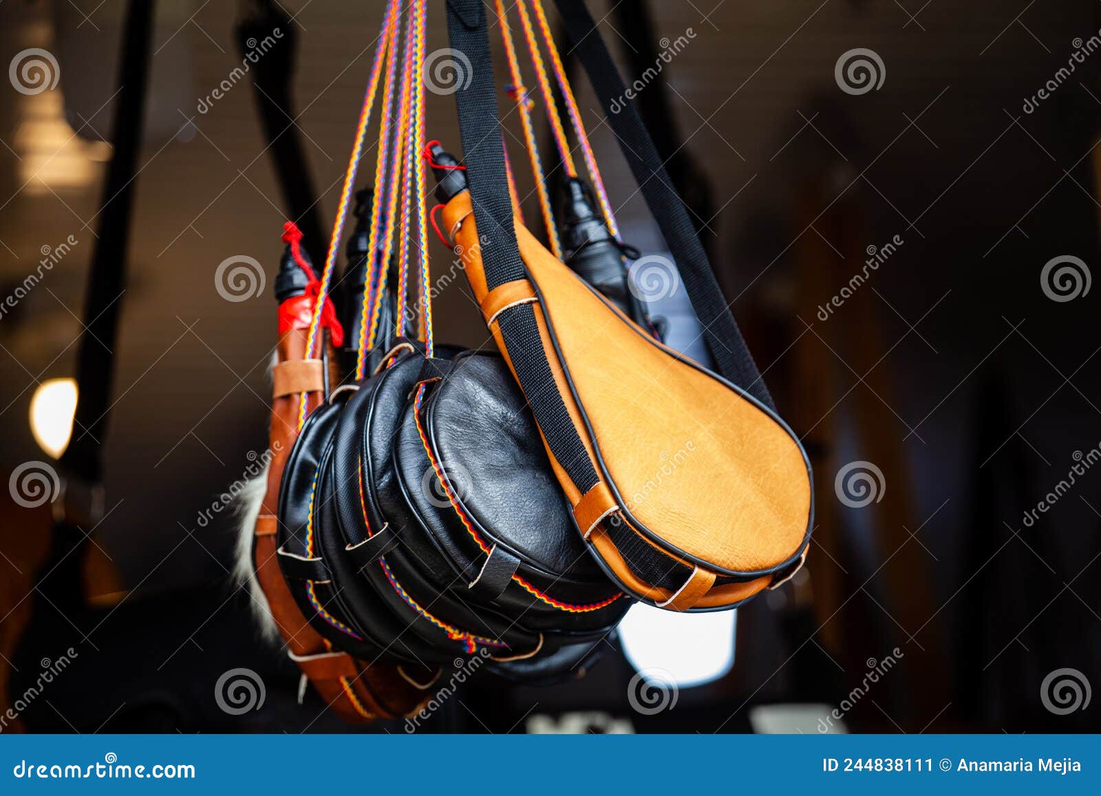 traditional handcrafted wineskin boots in salento an small town of the region of quindio in colombia