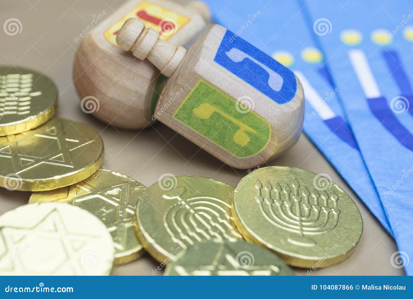 Hanukkah Dreidels, Napkins and Chocolate Gelt Coins Stock Photo - Image ...