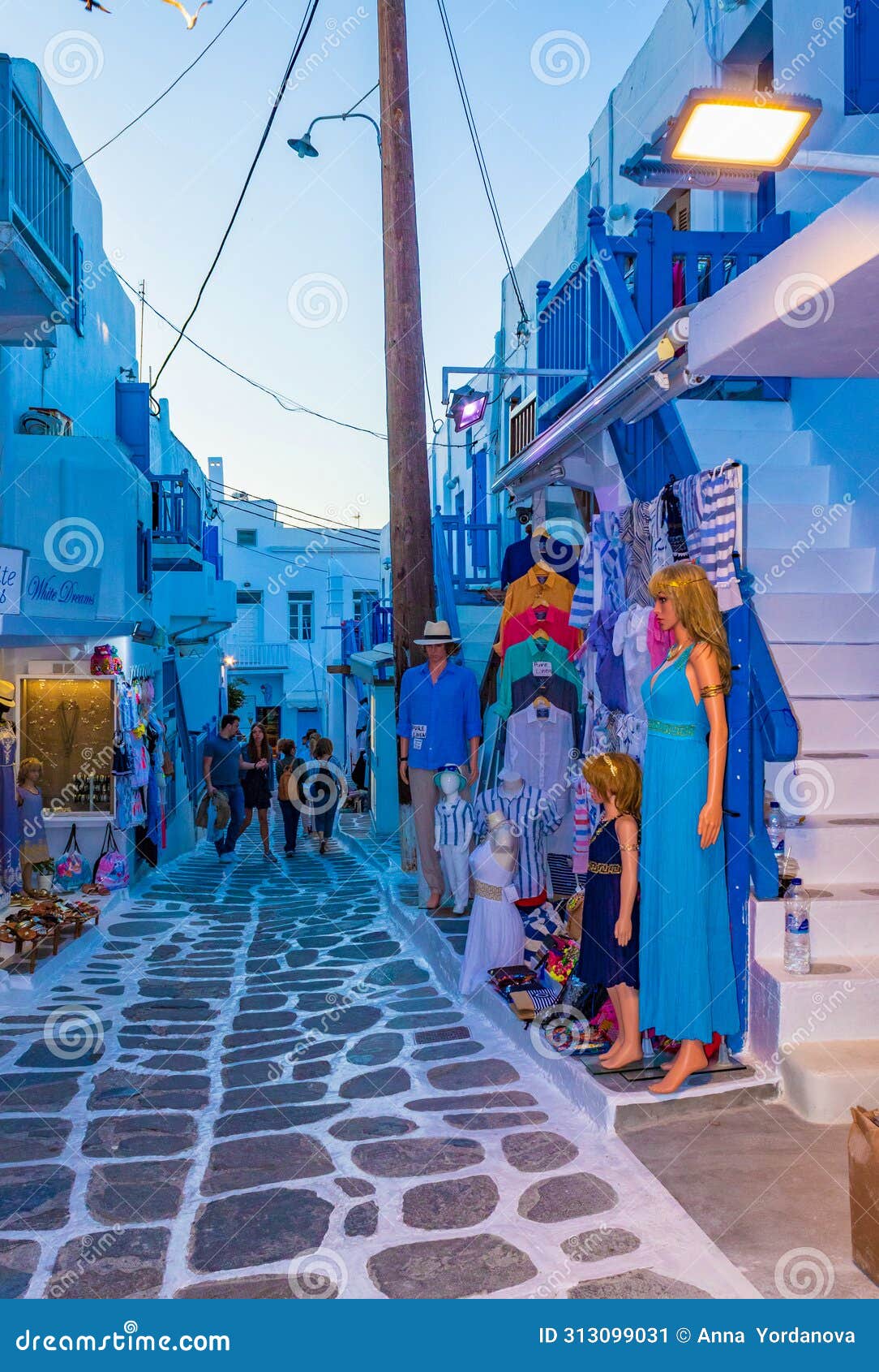 Traditional Narrow Cobbled Commercial Street of Chora Mykonos Cyclades ...