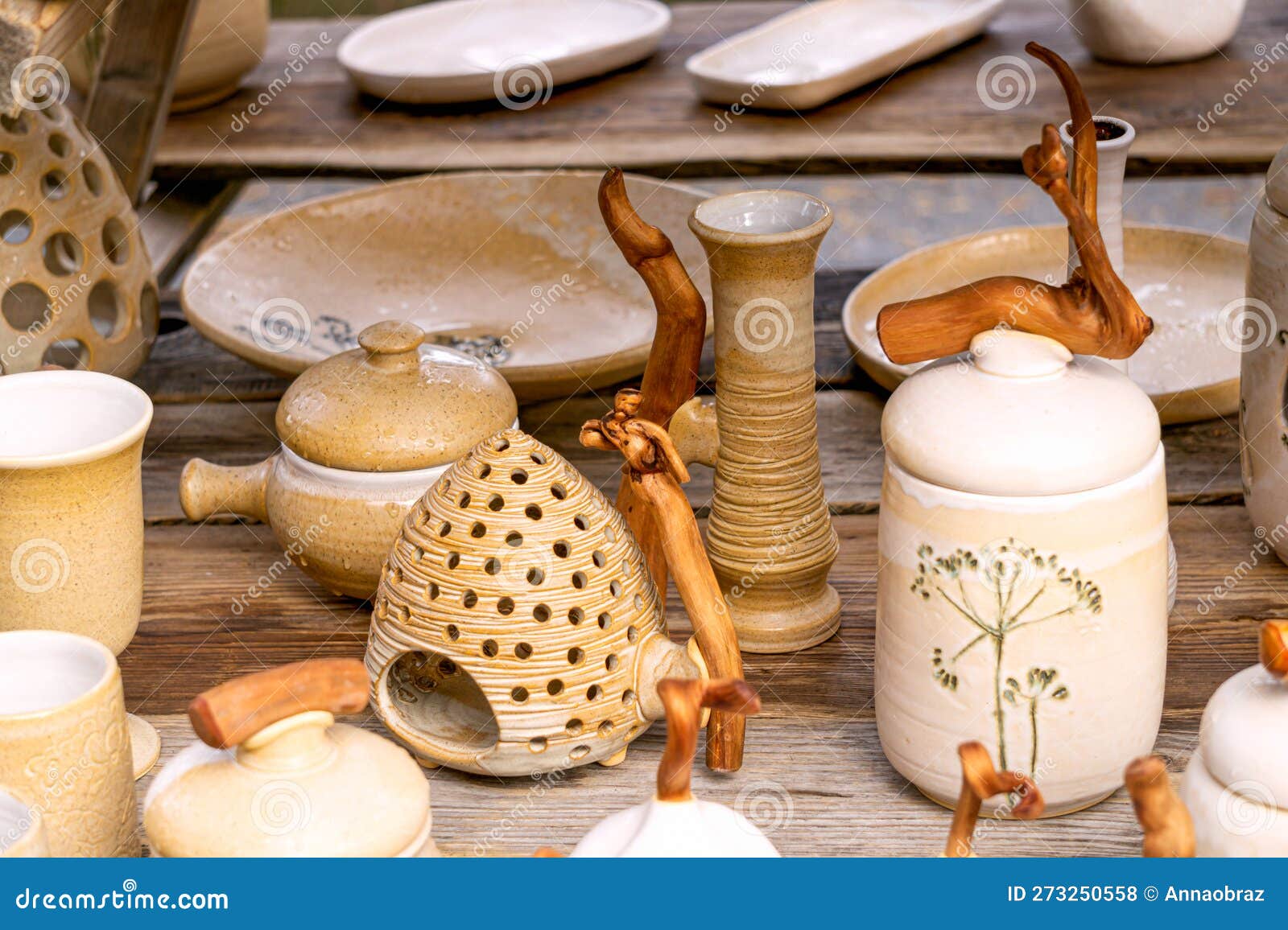 Traditional Homemade Pottery at a Traditional Crafts Fair. Stock Photo
