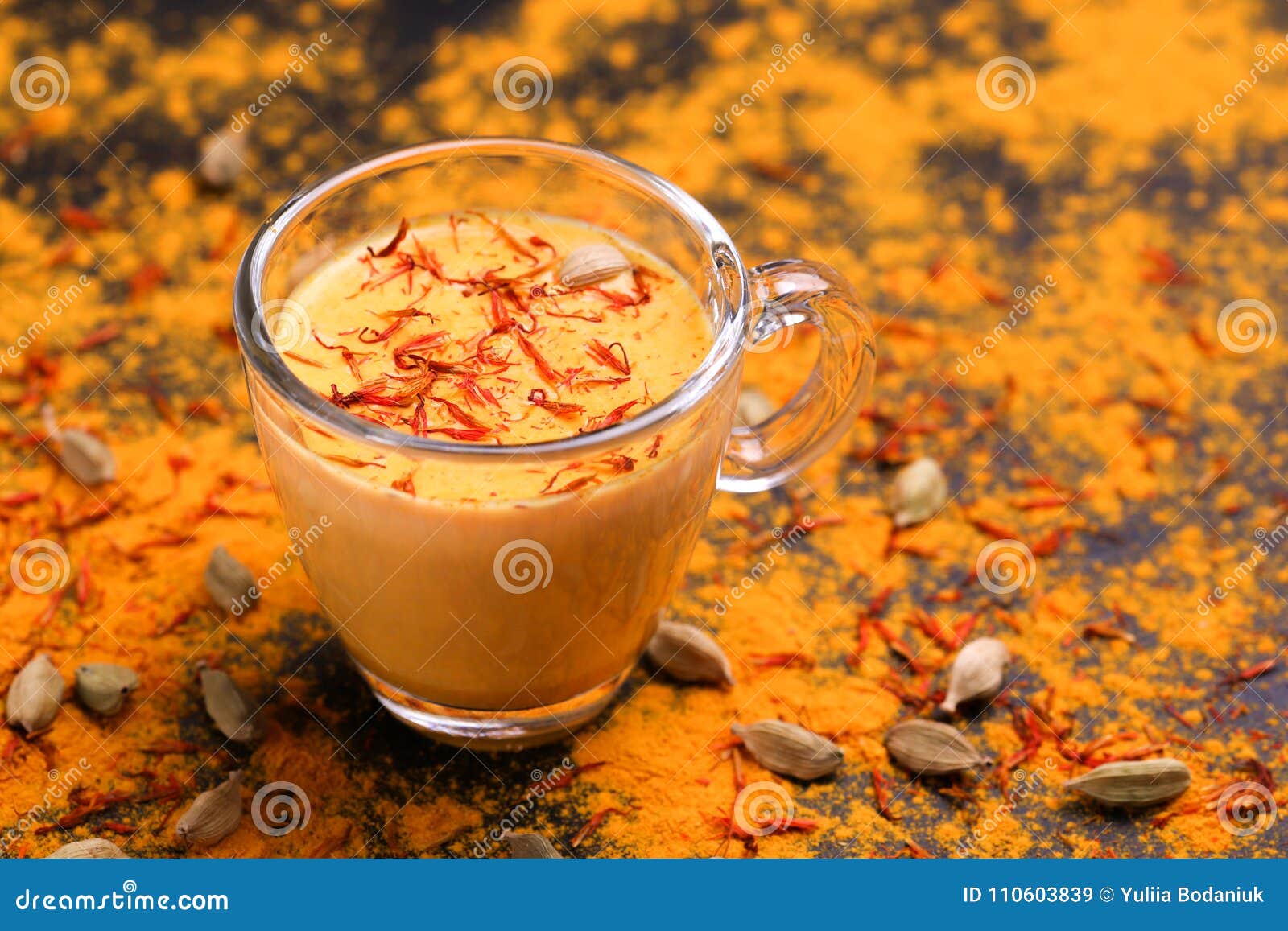 Indian Turmeric Milk with Saffron, Cardamom and Turmeric. Copyspace ...