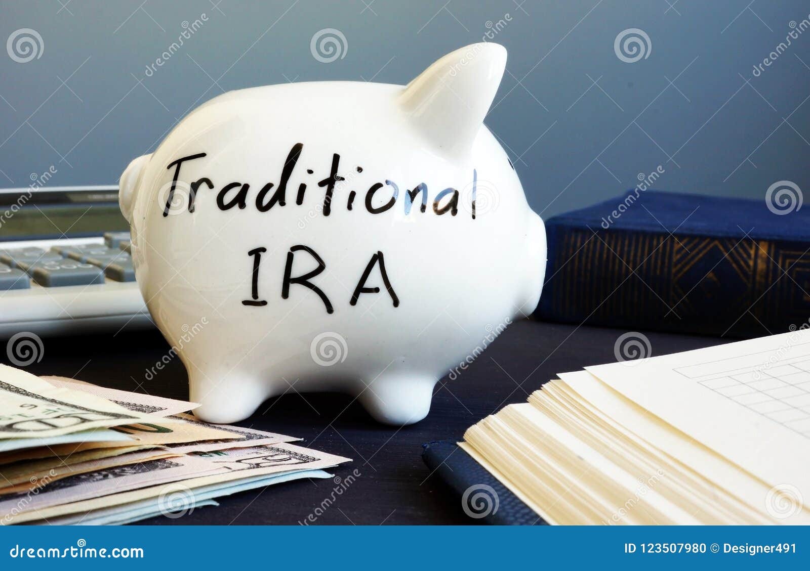 traditional ira handwritten on a side of piggy bank.