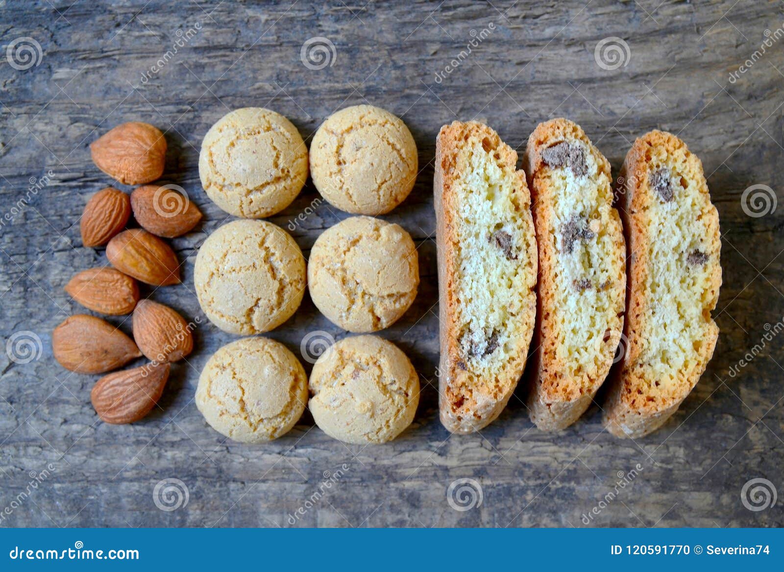 Traditional Italian Cantuccini and Amaretti Cookies with Almond on Old ...