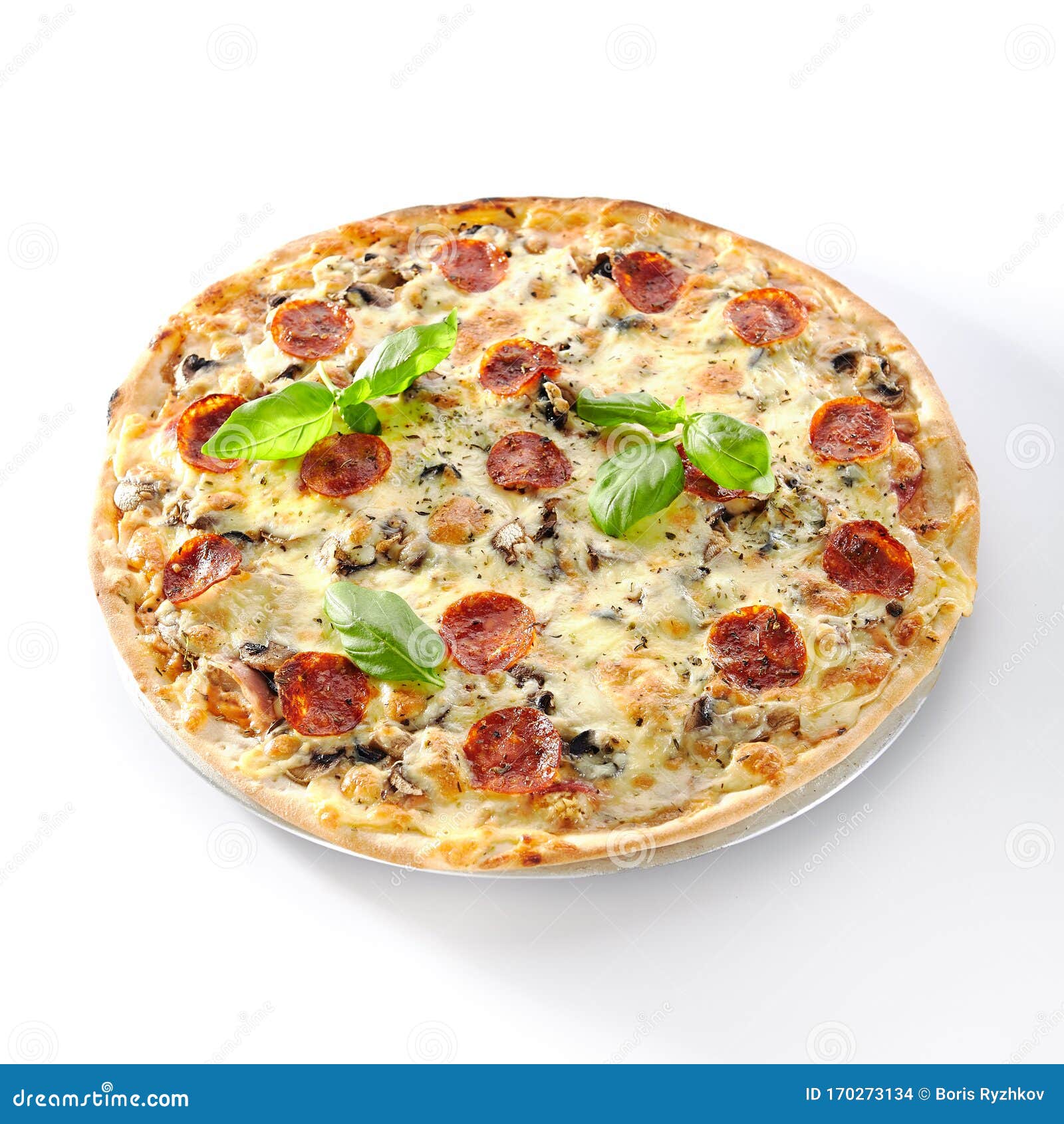 Traditional Italian Pepperoni Pizza with Mushrooms and Salami Isolated ...