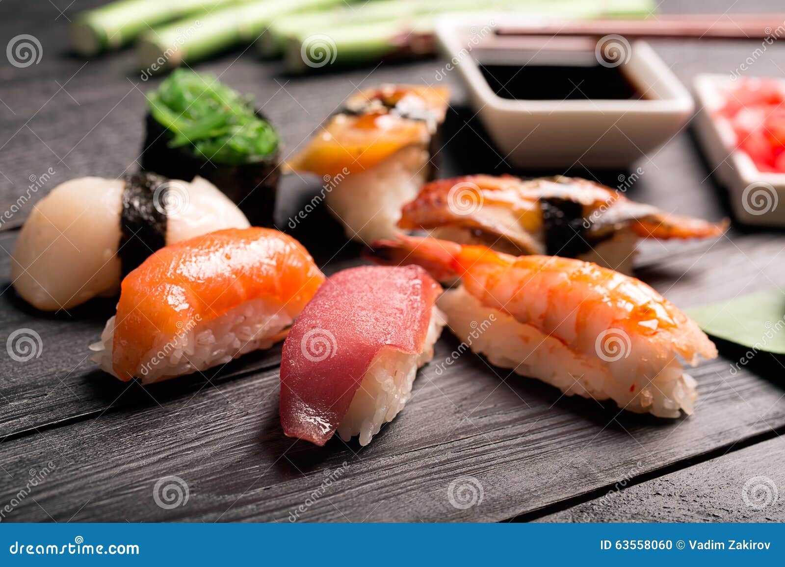 Photo about Traditional japanese sushi with fish and rice. 