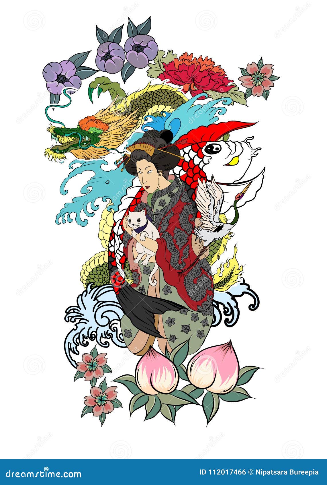 Traditional Japanese Tattoo Design for Back  Women in Kimono  with Her Cat and Dragon Stock Vector - Illustration of flower, oriental:  112017466