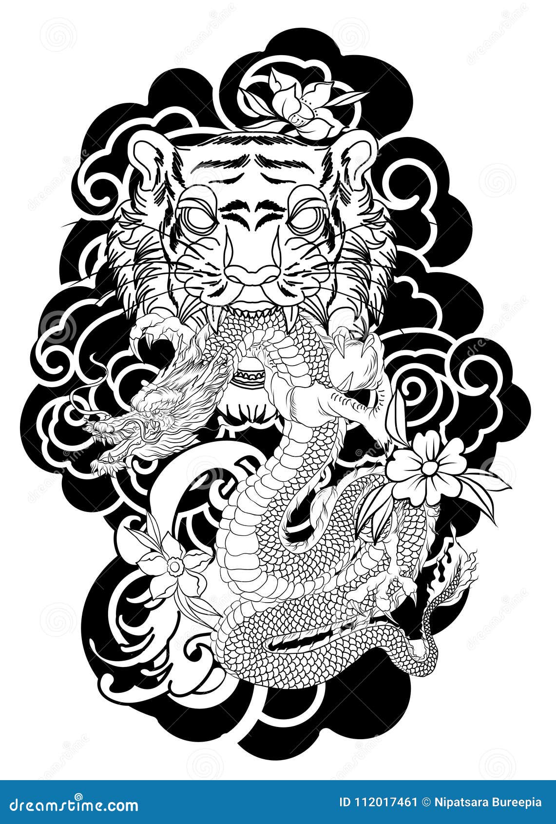 Traditional Japanese Tattoo Design for Back BodyTiger Face with Old Dragon  on Cloud Background Stock Vector  Illustration of graphic abstract  112017461