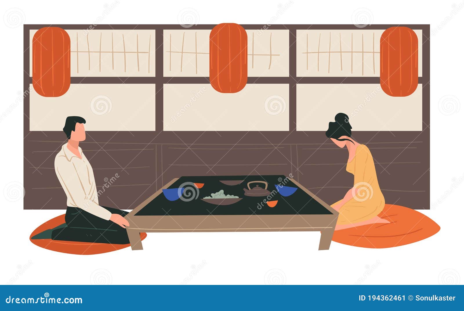 Traditional Japanese Tea Ceremony Man And Woman At Home Stock Vector
