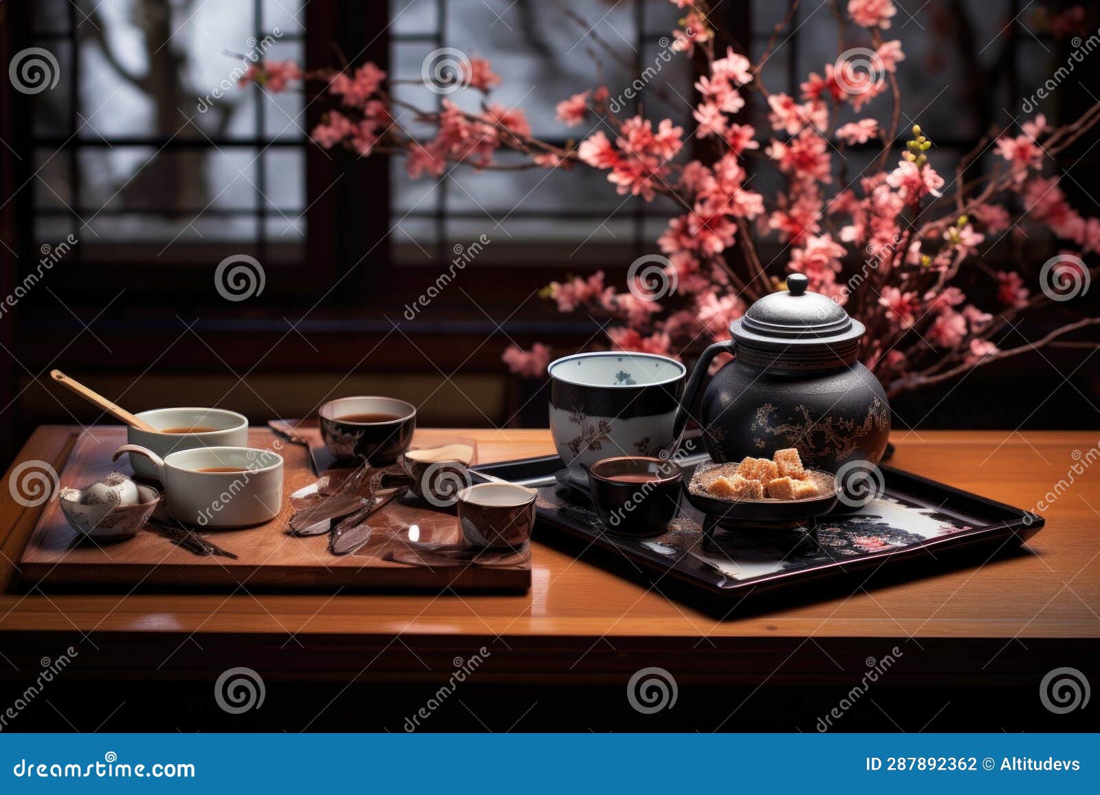 Traditional Japanese Tea Ceremony Set on a Table Stock Illustration