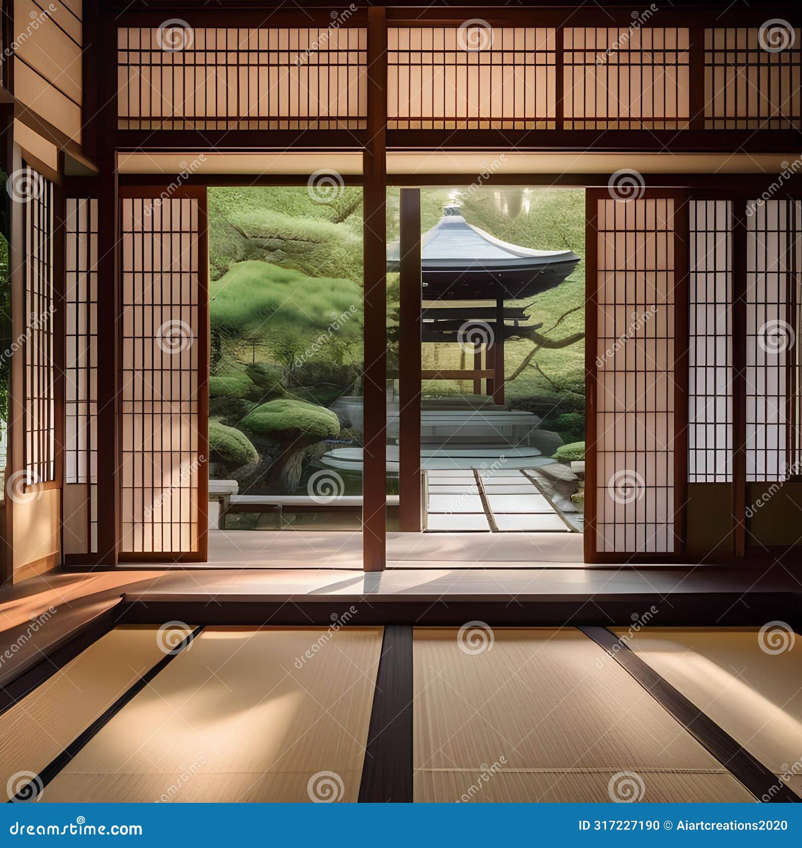 a traditional japanese tea house with sliding doors, tatami mats, and a serene garden1