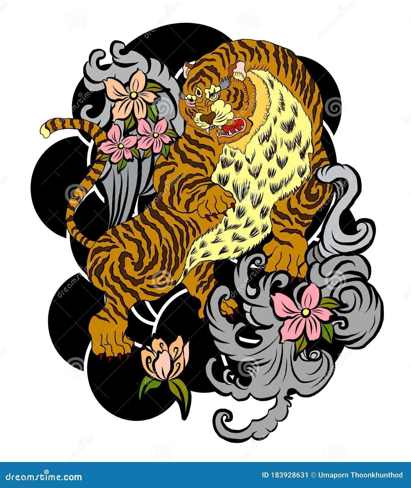 Traditional Japanese Tiger with Flower and Clouds for Tattoo Design on ...