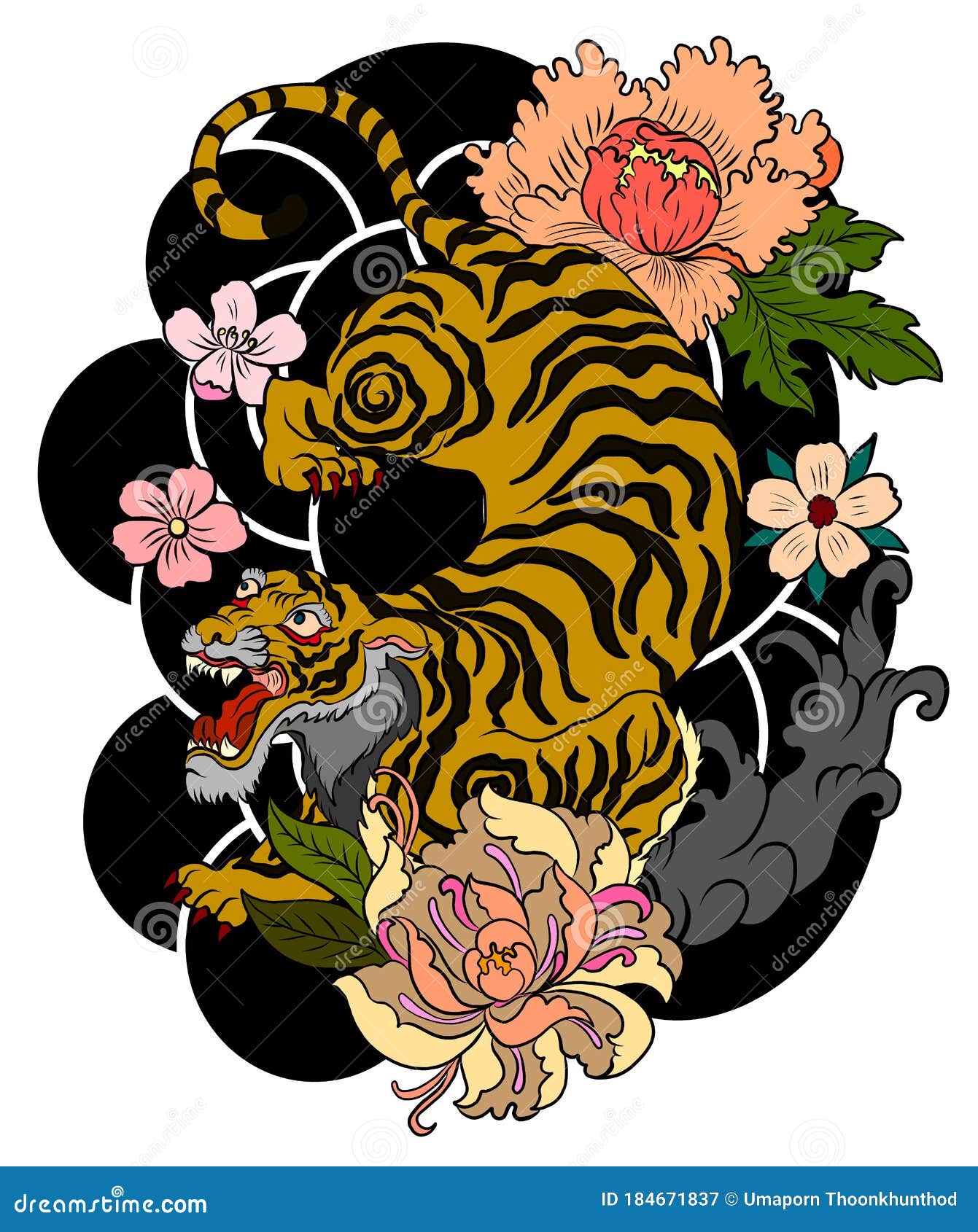 Traditional Japanese Tiger  Sticker Tattoo Design Stock Vector  - Illustration of line, background: 184671837