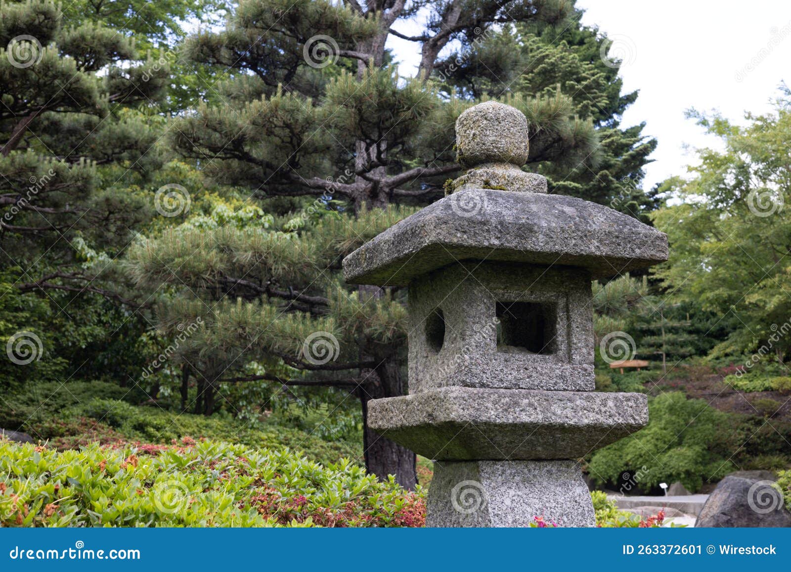 Traditional Japanese Toro Lantern Made of Stone Placed in a Forest
