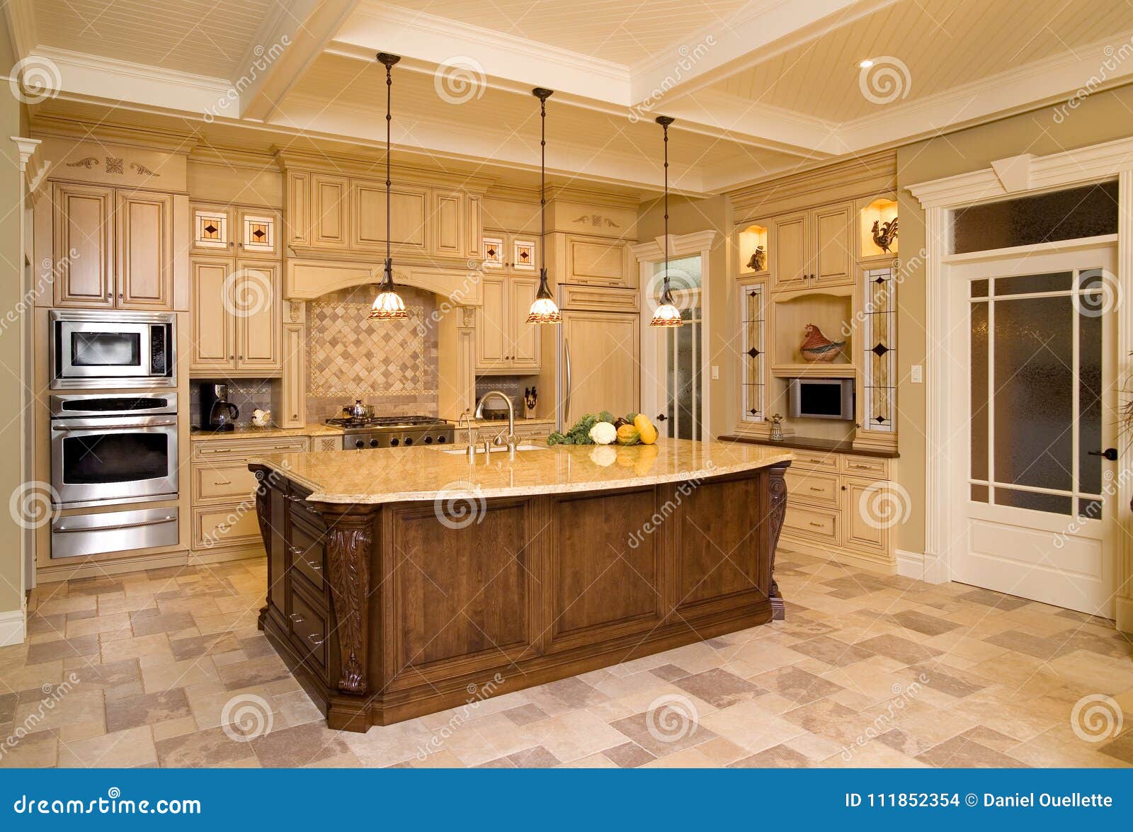 Traditional Kitchen With Brown Wooden Cabinets Stock Photo Image