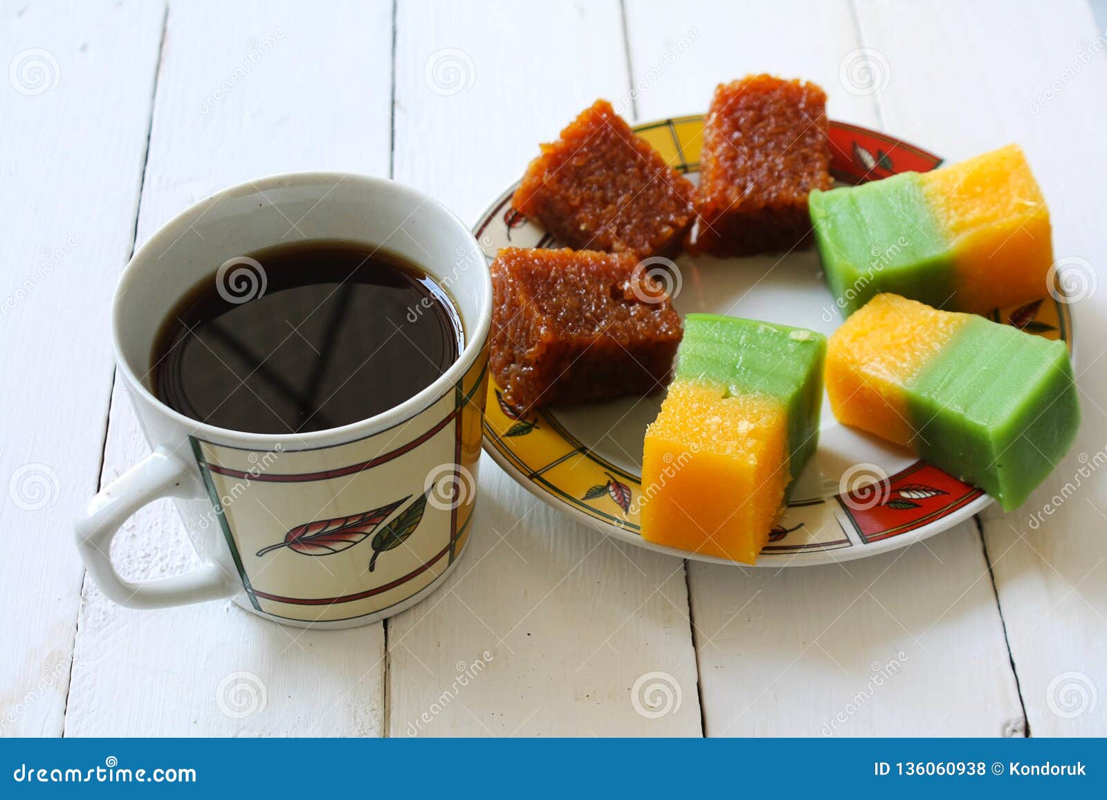 Kuih Wajik Kuih Lapis Ubi Kayu And Coffee Stock Photo