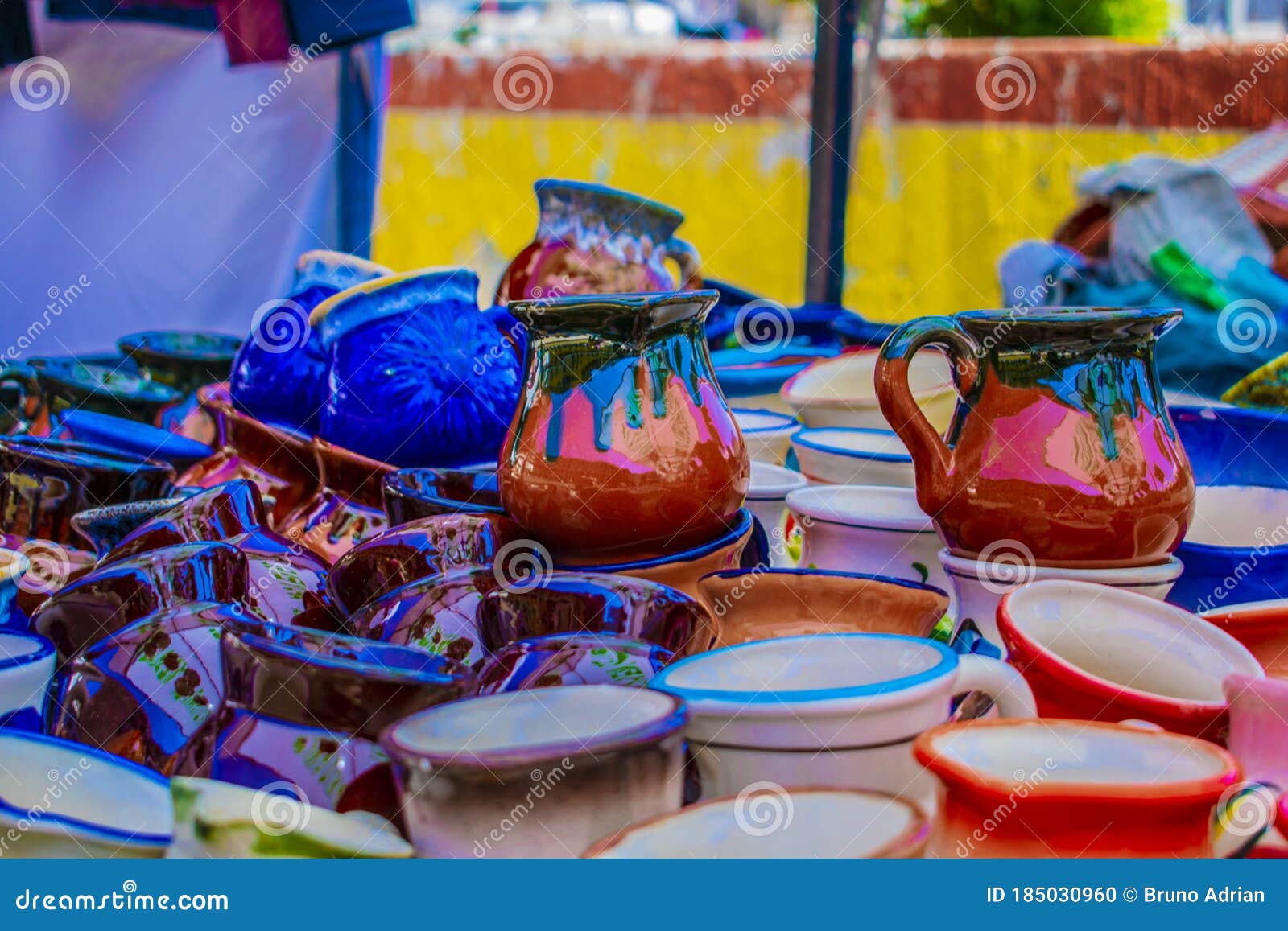 traditional mayan glasses, made of adobe and painted in different colors,