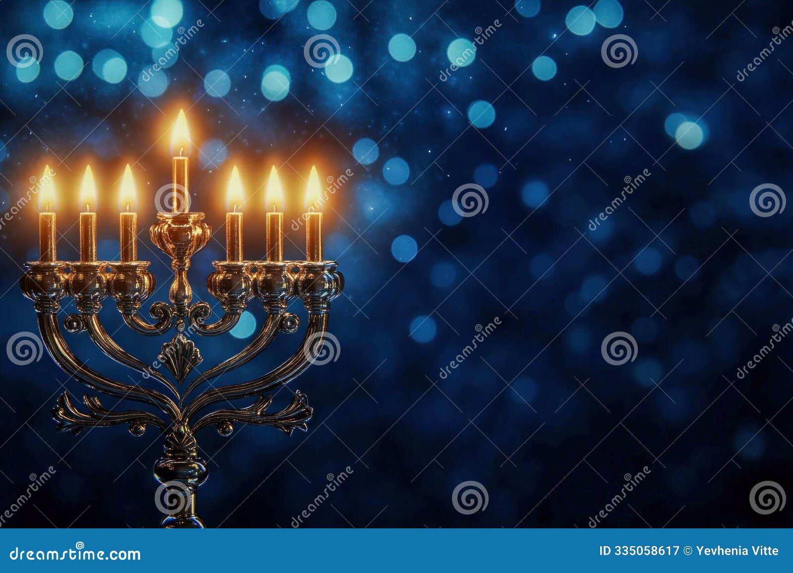 traditional menorah with lit candles on dark blue bokeh background. generative ai