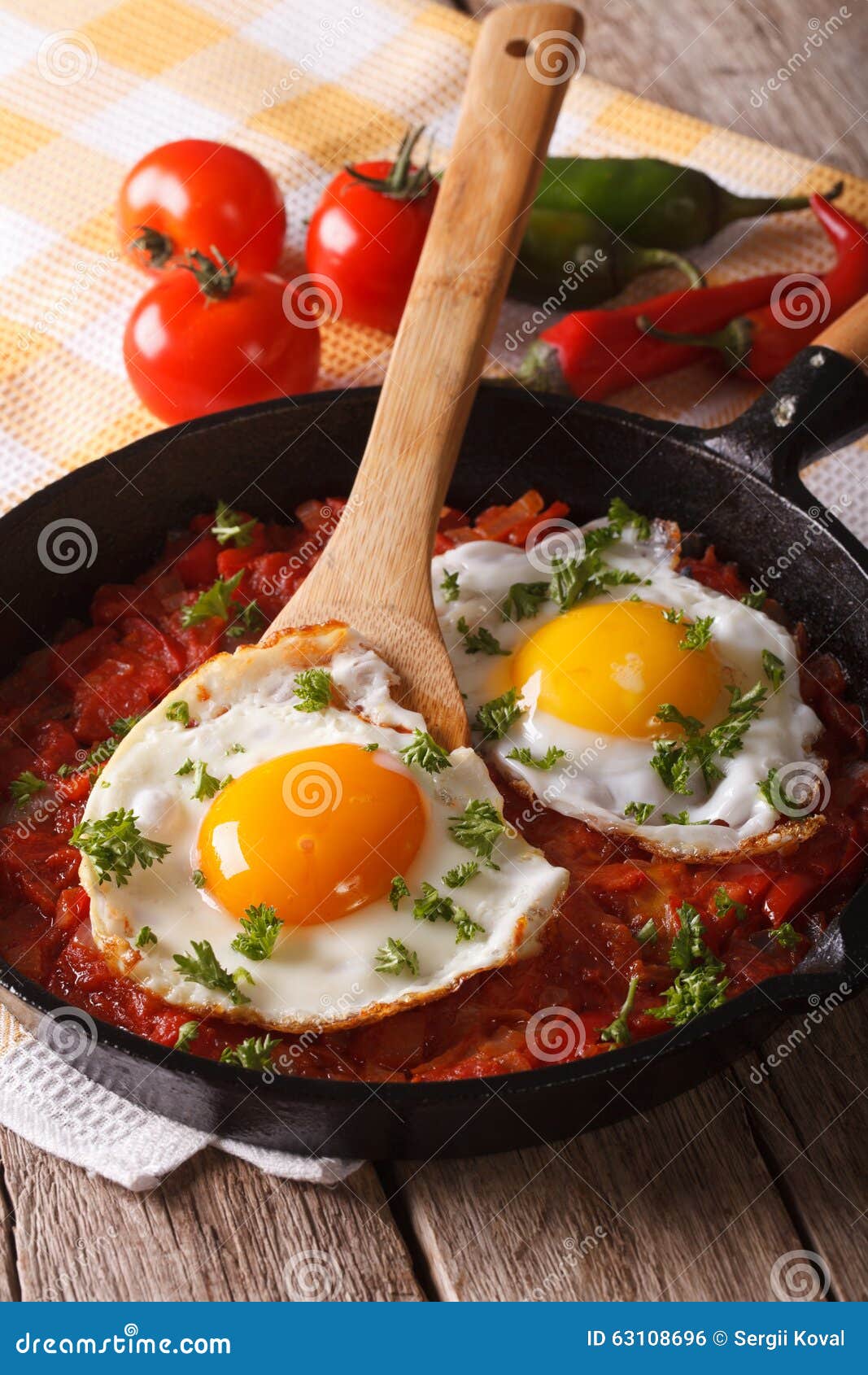 Traditional Mexican Breakfast Fried Egg with Salsa Closeup. Vert Stock