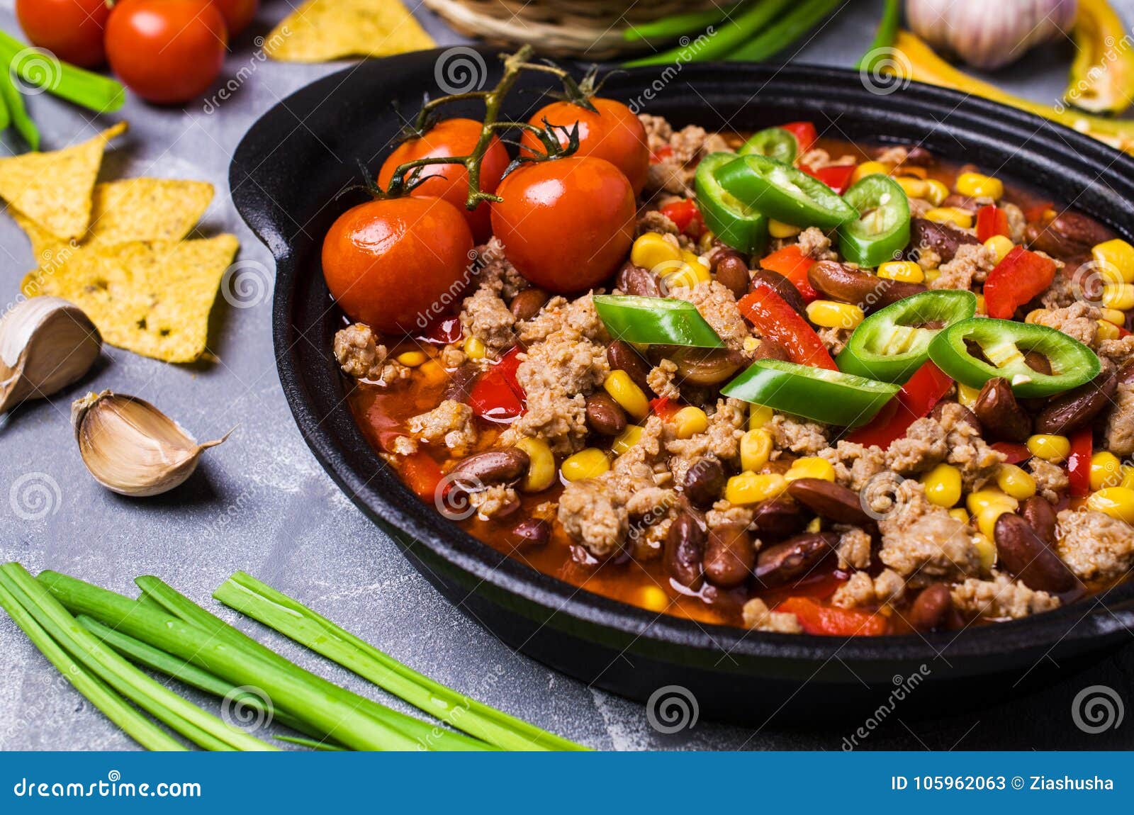 Traditional Mexican Chili Concarne Stock Image - Image of bread, onions ...