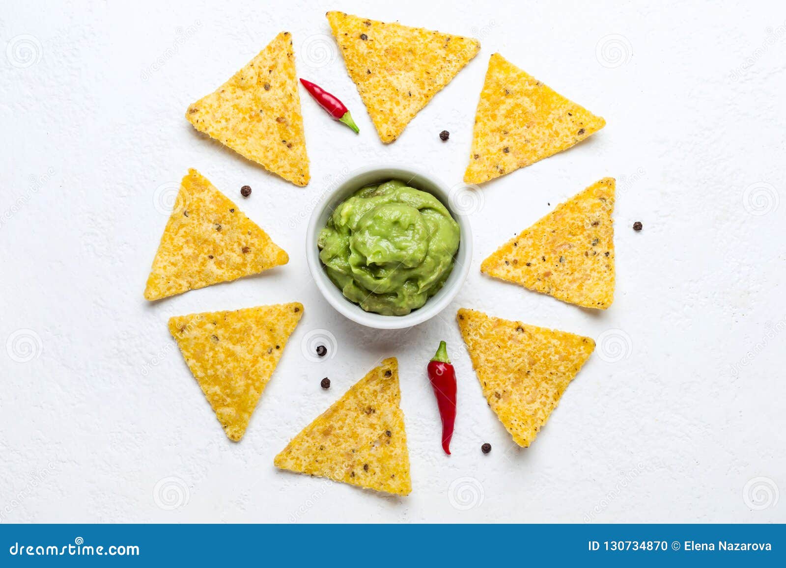 Traditional Mexican Food Guacamole with Corn Chips on White Background