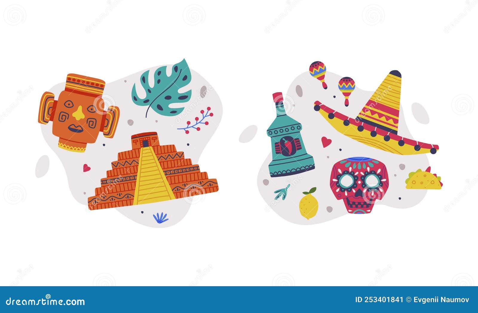 Traditional Mexican Symbols Set. Ancient Aztec Pyramid, Tequila Bottle ...