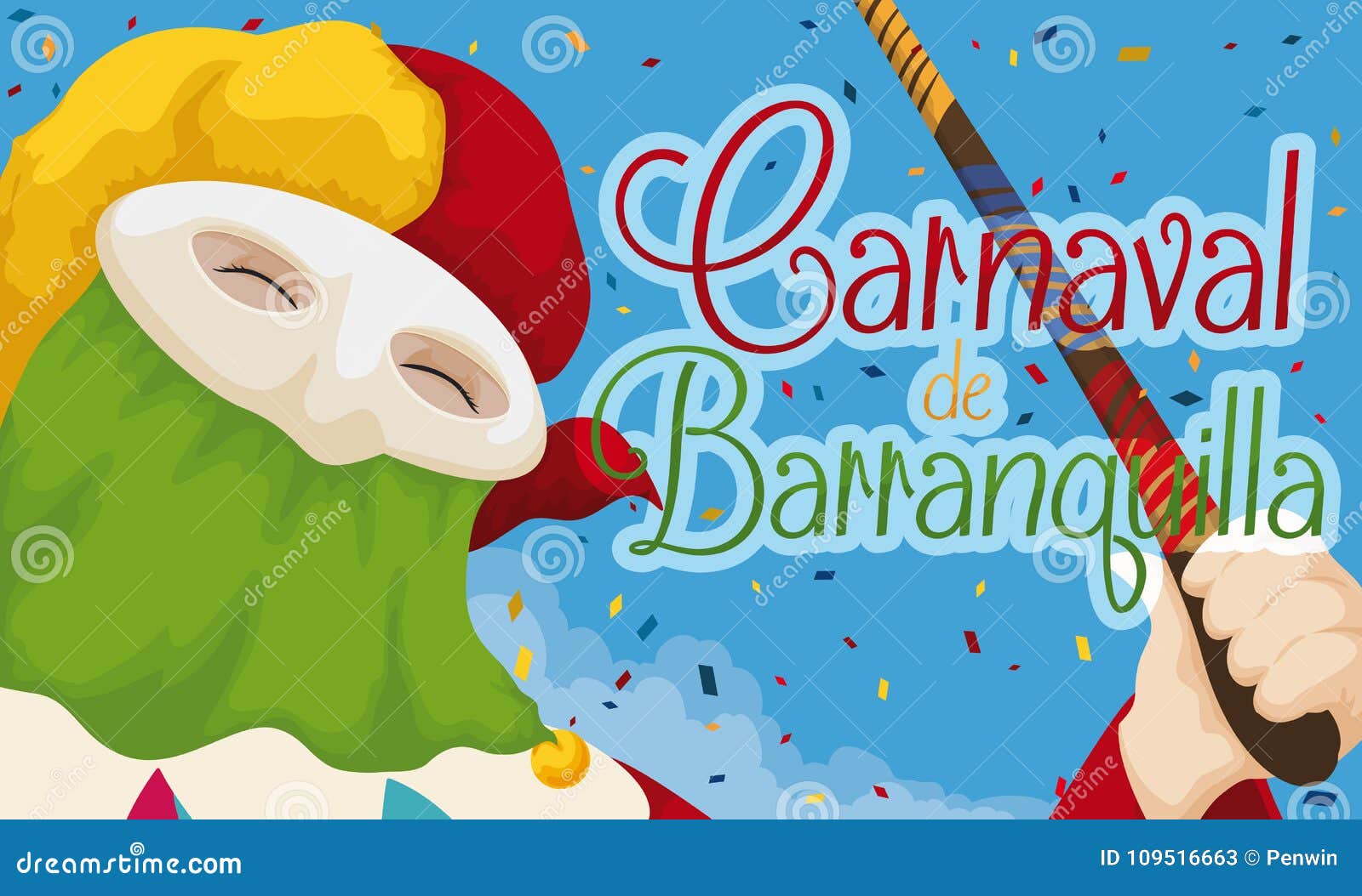 traditional monocuco celebrating barranquilla`s carnival with confetti,  