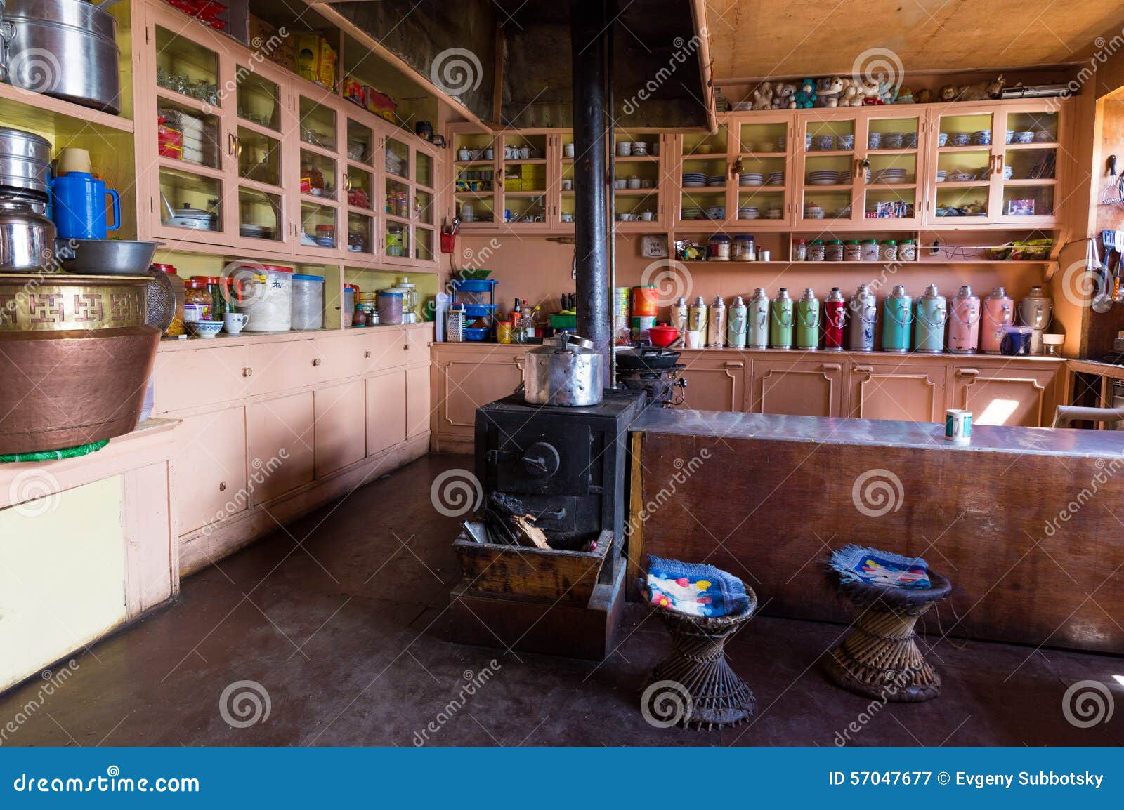 Traditional Nepali Kitchen Fireplace Cookware Stock Image