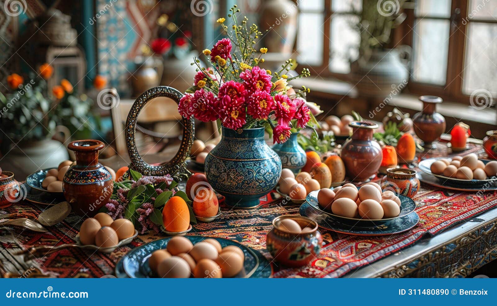 Traditional Nowruz Table Setting Complete with Painted Eggs and Mirror