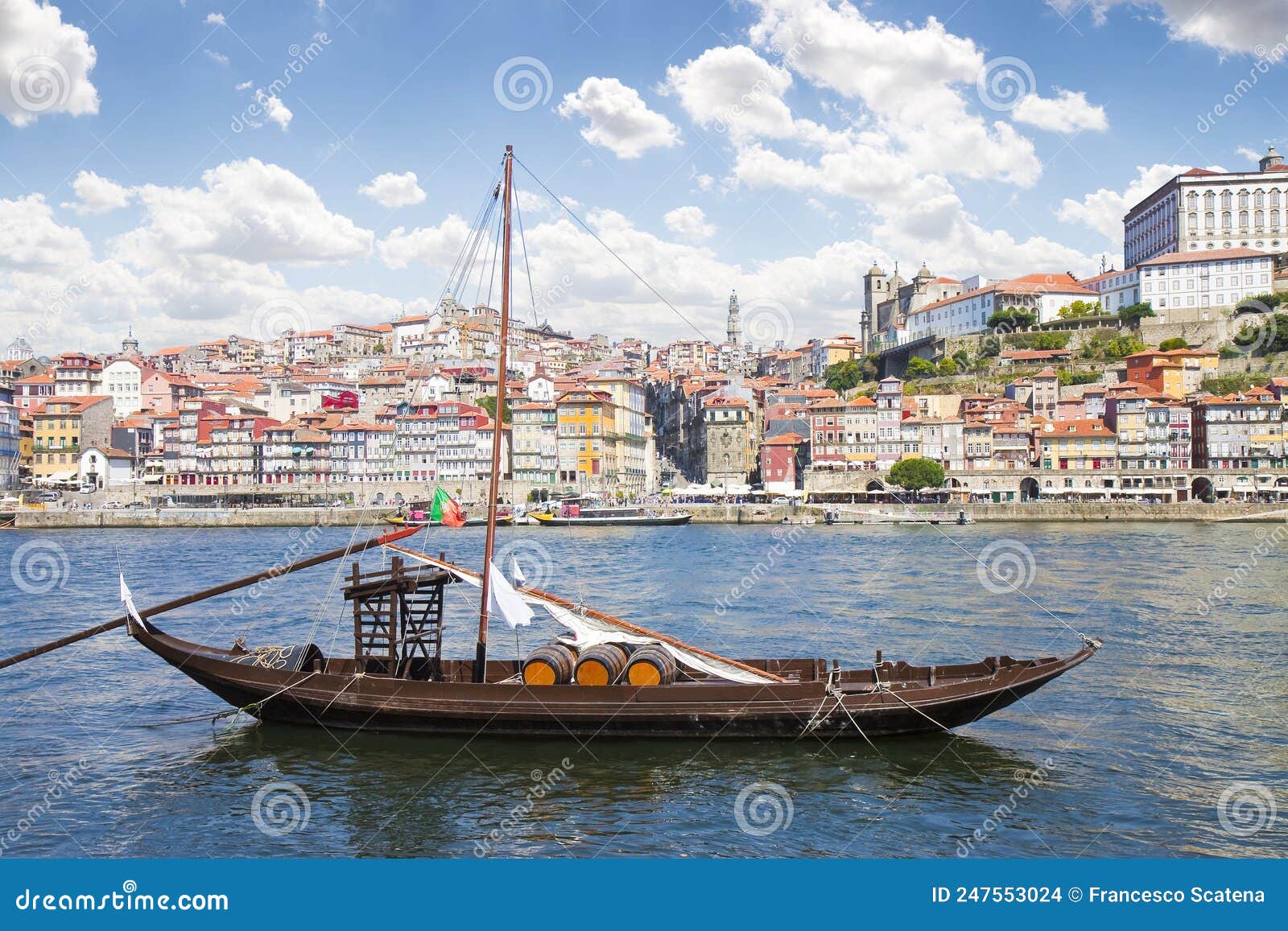 traditional old portuguese wooden boats called barcos rabelos, used in the past to transport the famous port wine - oporto -