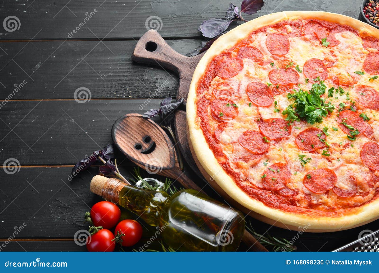 traditional pizza paperoni. top view.