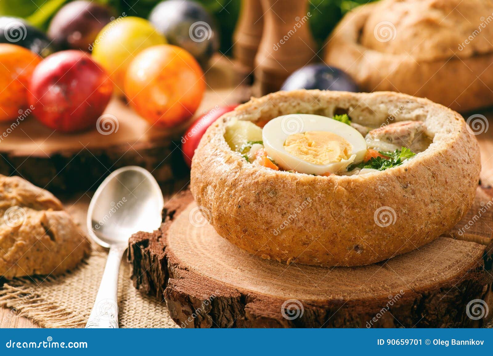 Traditional Polish Easter Soup Zurek, Served in Bread Loaf. Stock