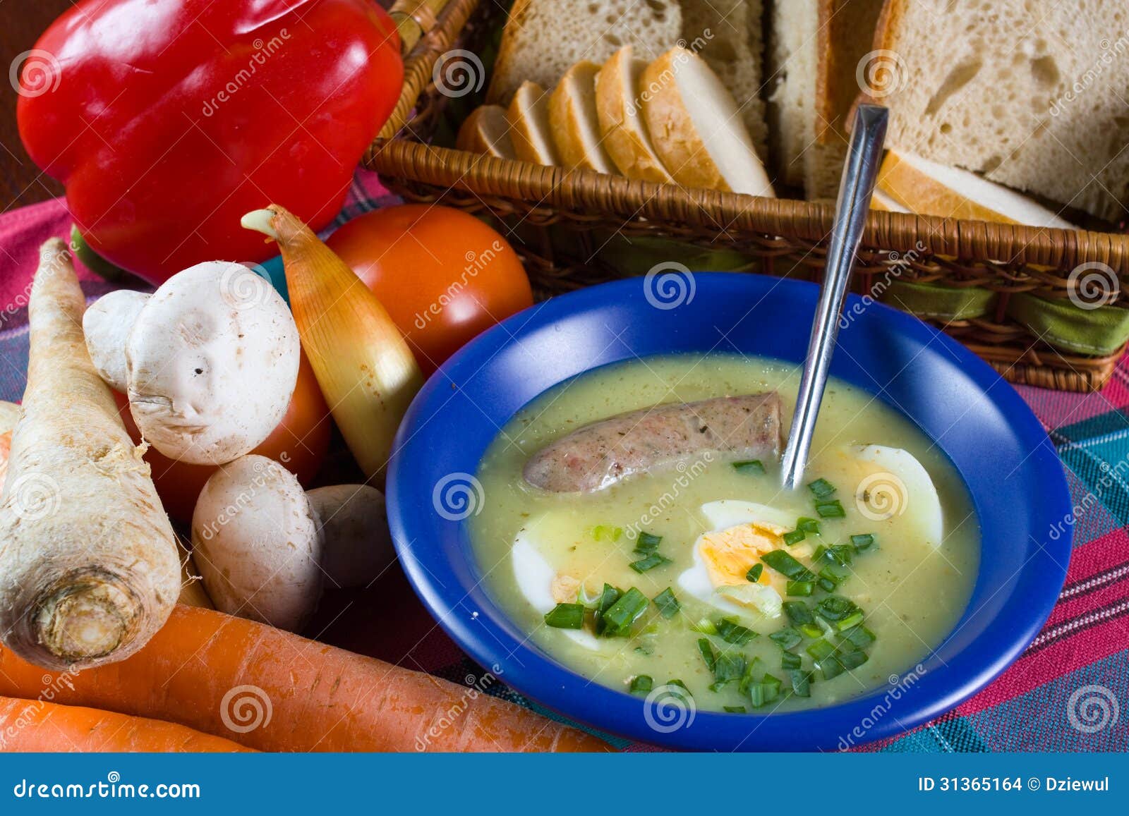 Traditional Polish White Borscht with Eggs and Sausage Stock Photo
