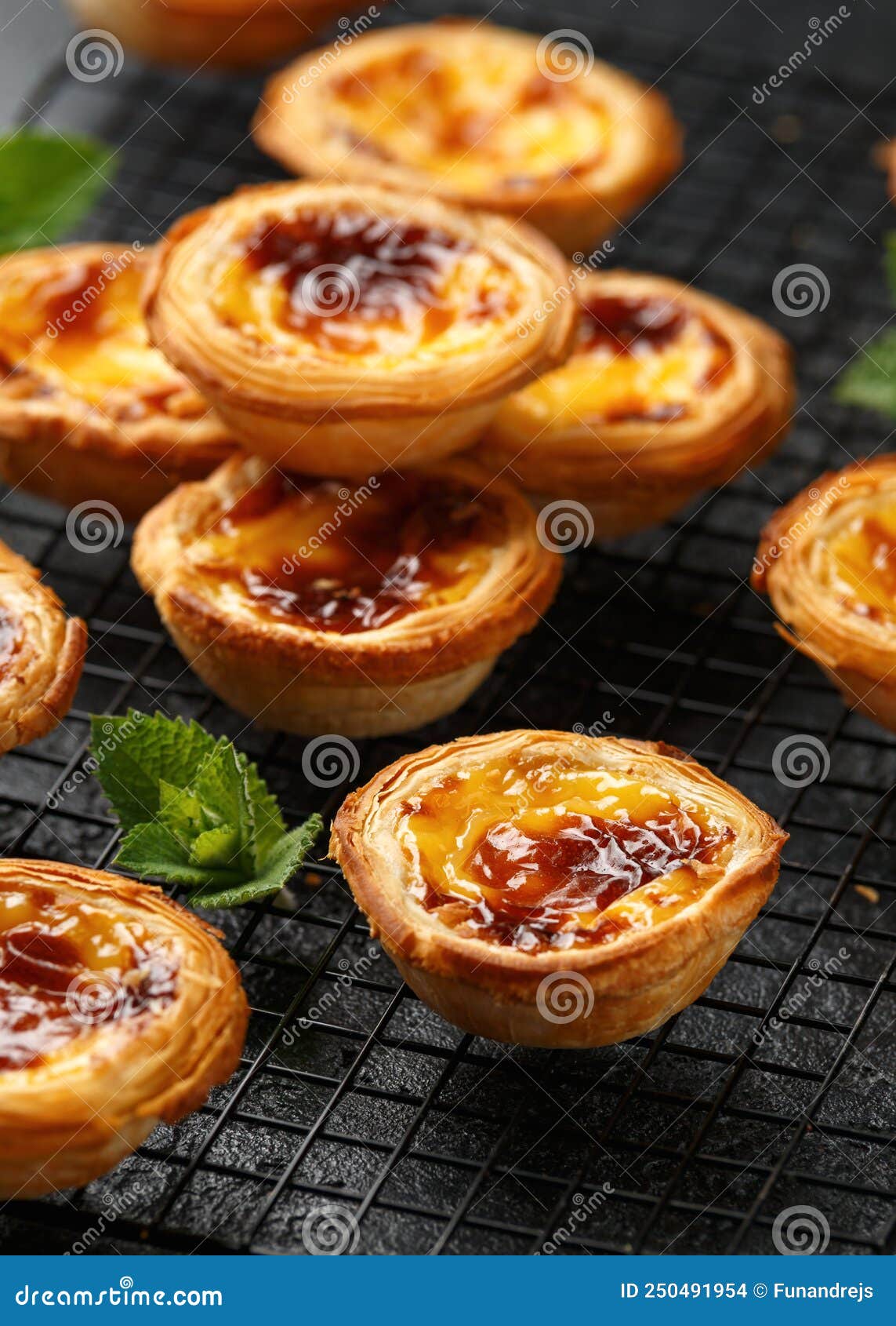 traditional portuguese custard tarts or pastel de nata freshly baked and cooling on rack