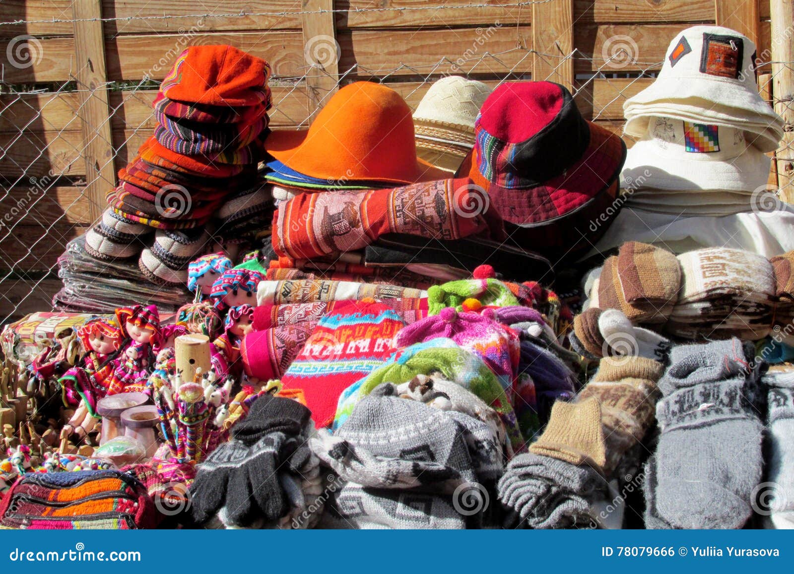 traditional quechua colorful textil and hats