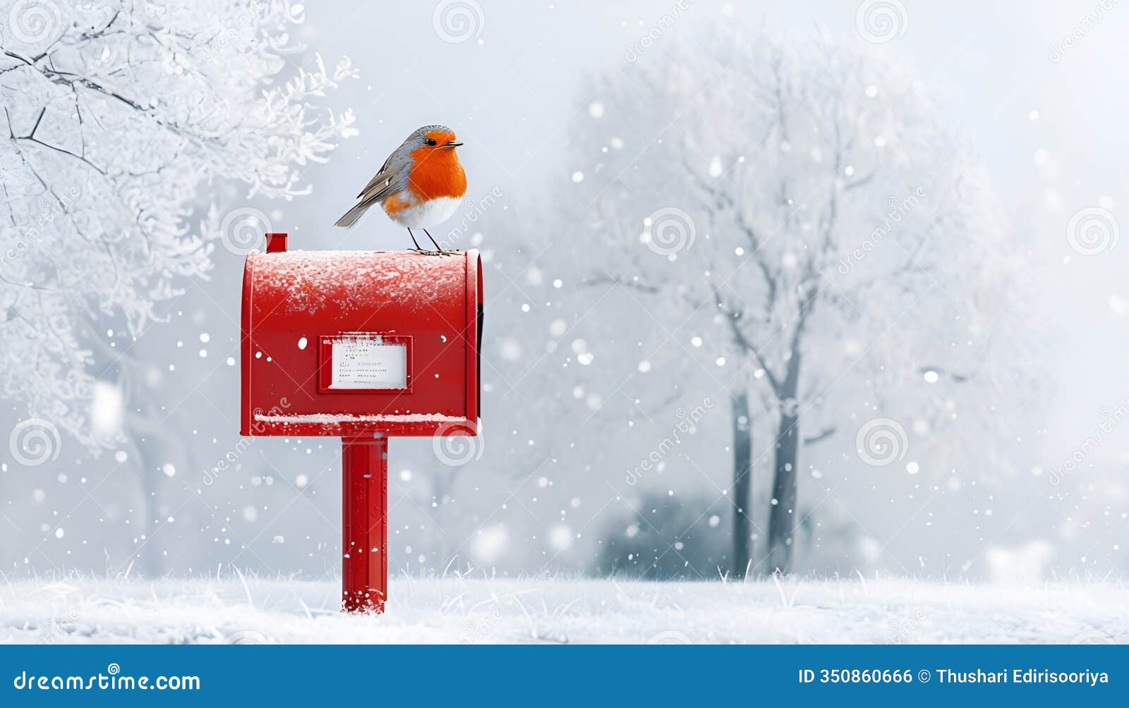 traditional red mailbox with robin and lantern new year greeting card