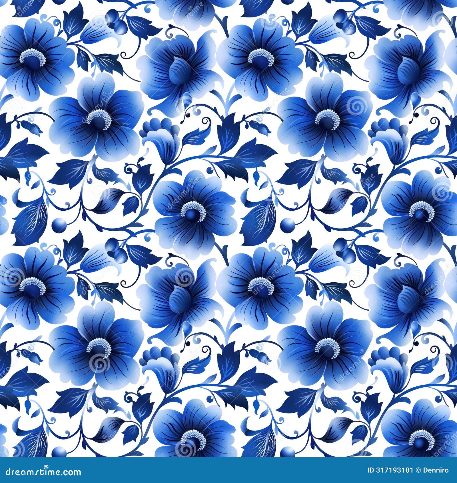 seamless blue and white floral gzhel pattern with intricate flowers and leaves