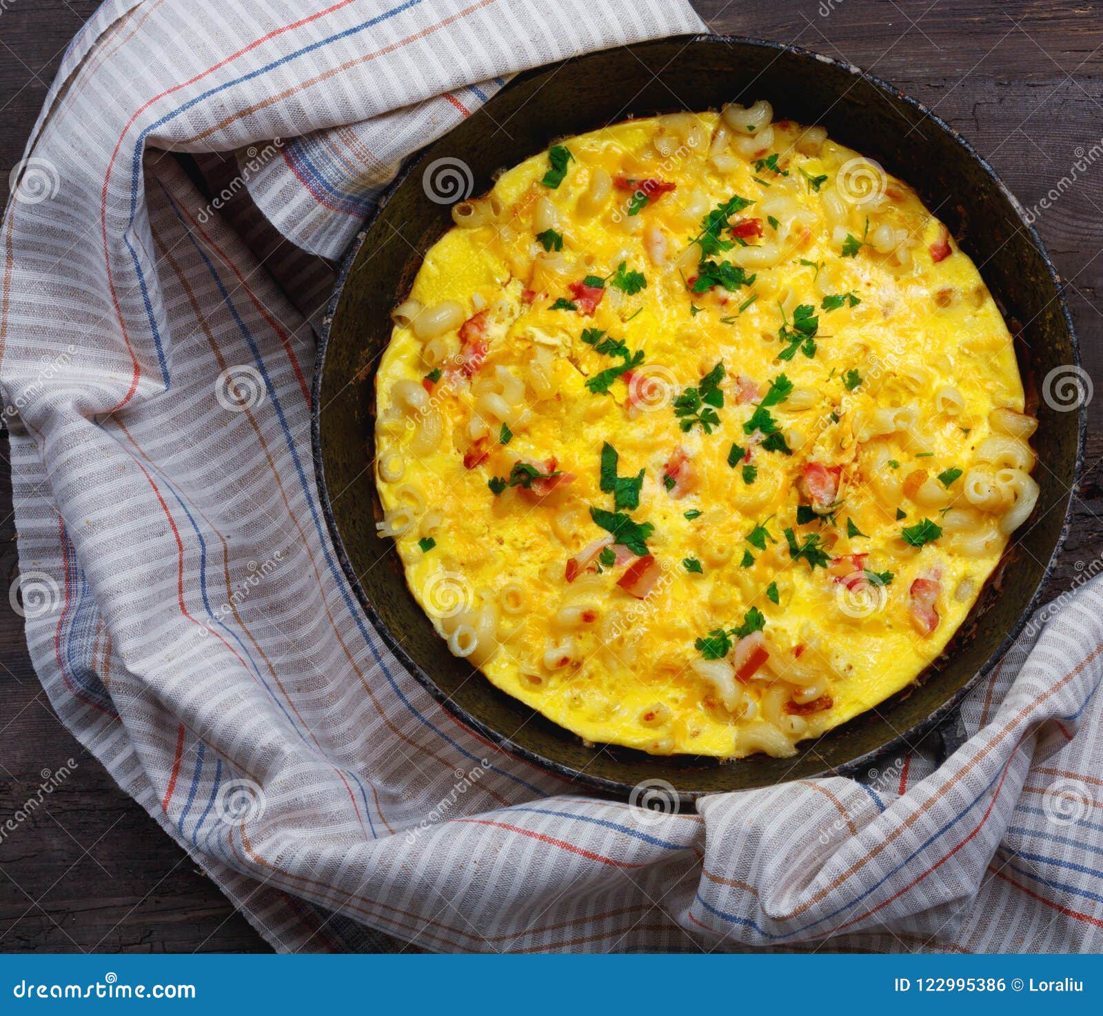 Traditional Rustic Omelette with Bacon, Pasta and Greens . Copy Stock ...