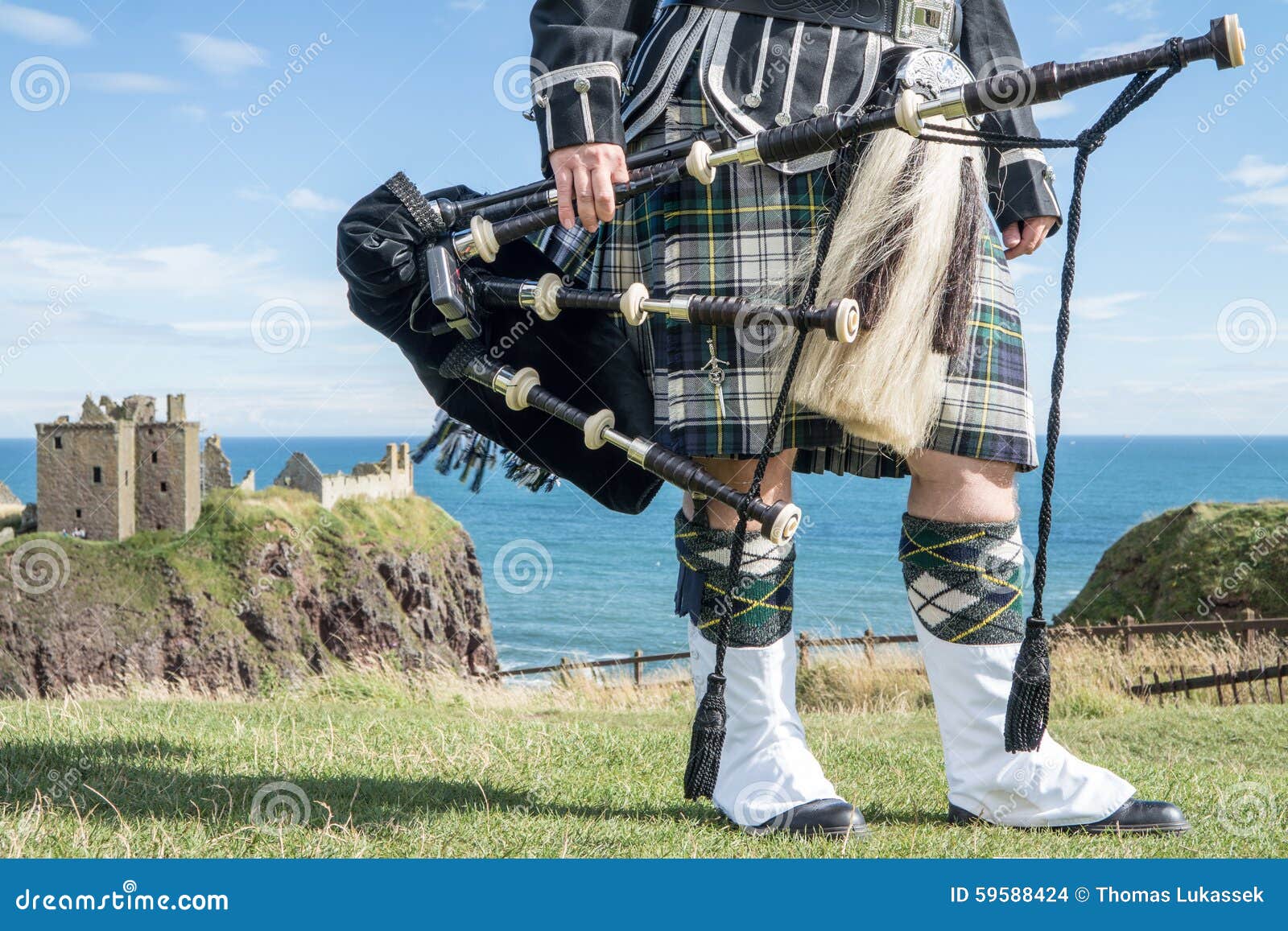 Traditional Scottish Bagpiper in Full Dress Code at Dunnottar Castle Stock Photo Image of