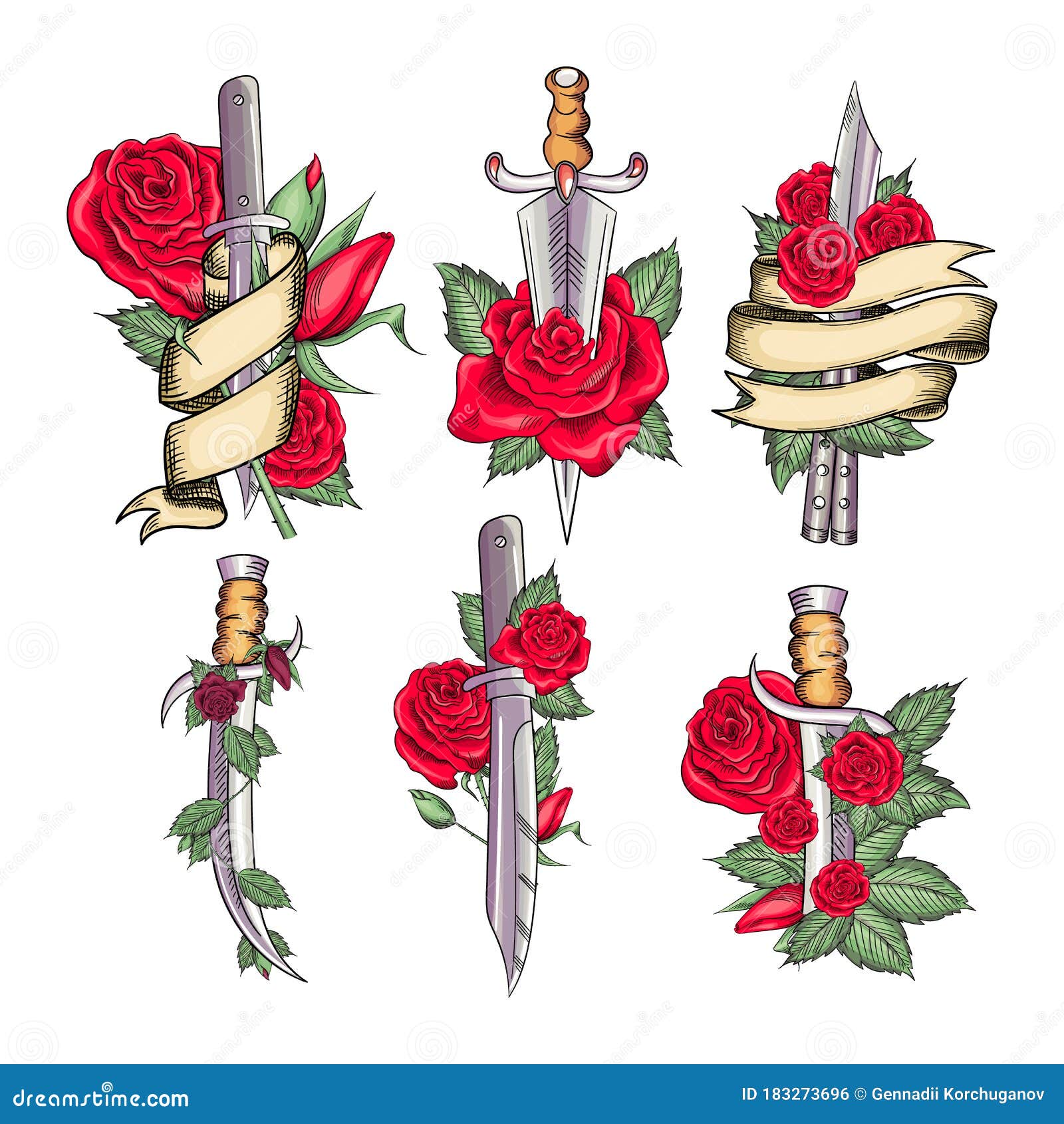 Traditional Set Tattoo with Rose Flowers and Dagger Knife. Stock Vector -  Illustration of blood, pain: 183273696